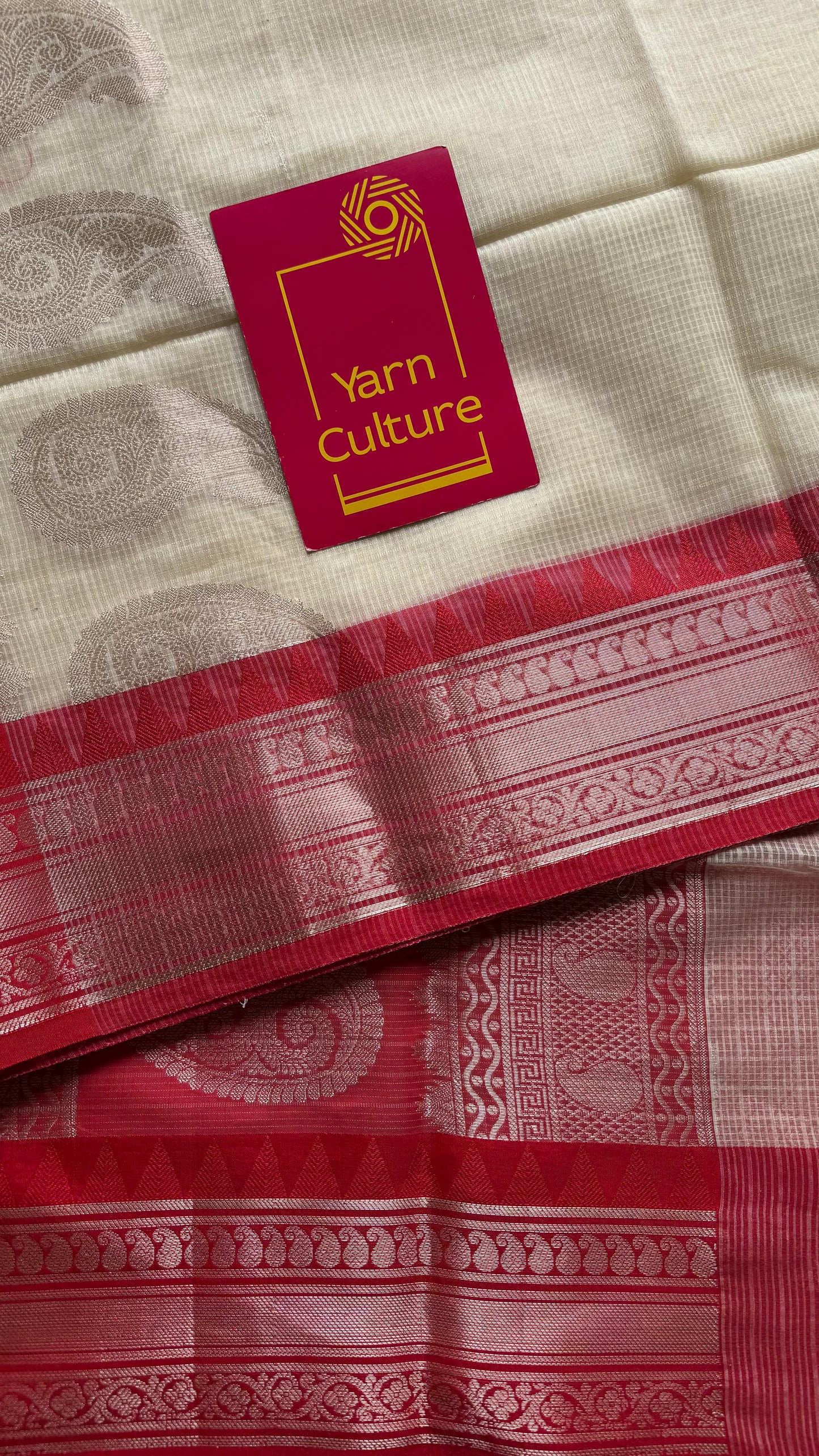 Cream with red contrast borders, kota doria with zari - YCBCDP15