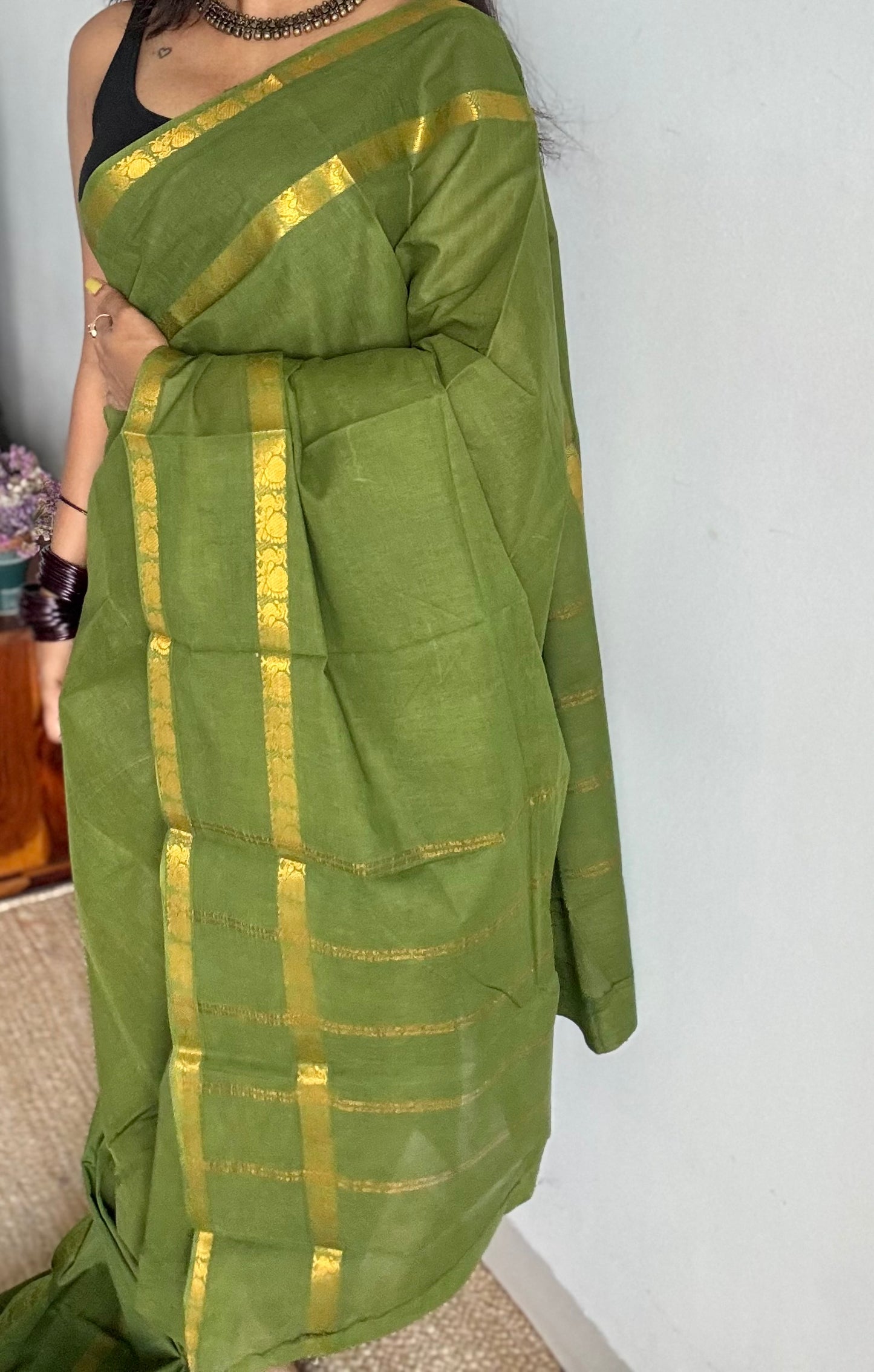 Olive green rettaipettu peacock double bordered, kattuchayam dyed madurai cotton saree - YCCOTNMSFE271
