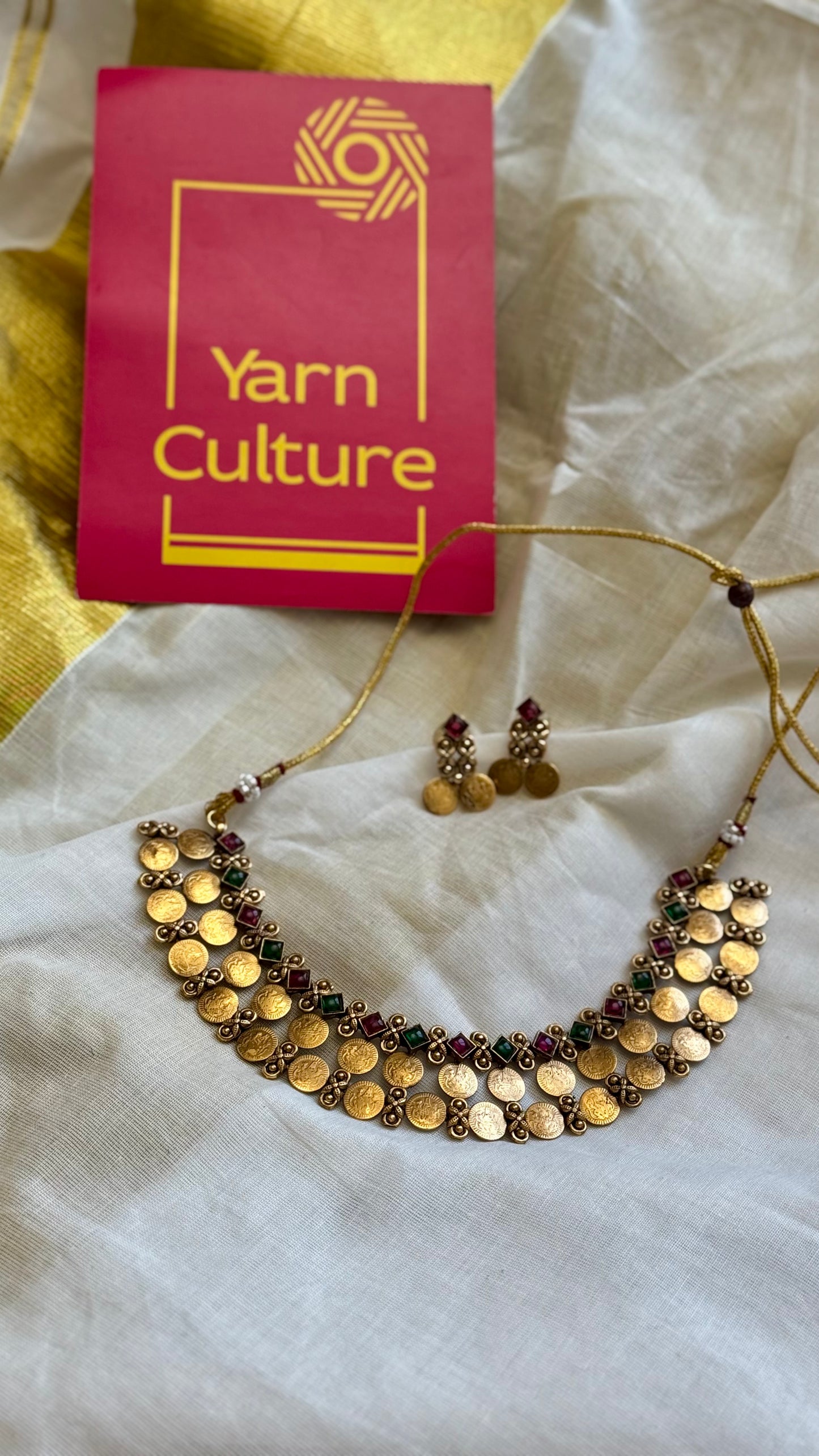 Ruby and green stones with 2 layer coin neckpiece, with earrings - YCGPNP677