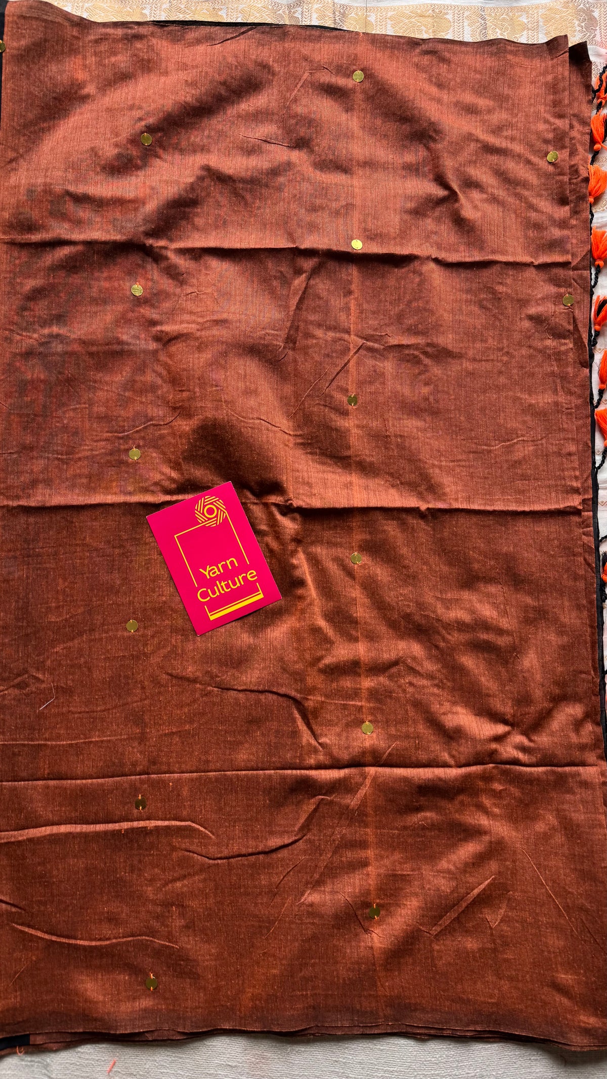 Orange with black contrast pallu, gini sequins, soft cotton saree - YCBCSCOC04