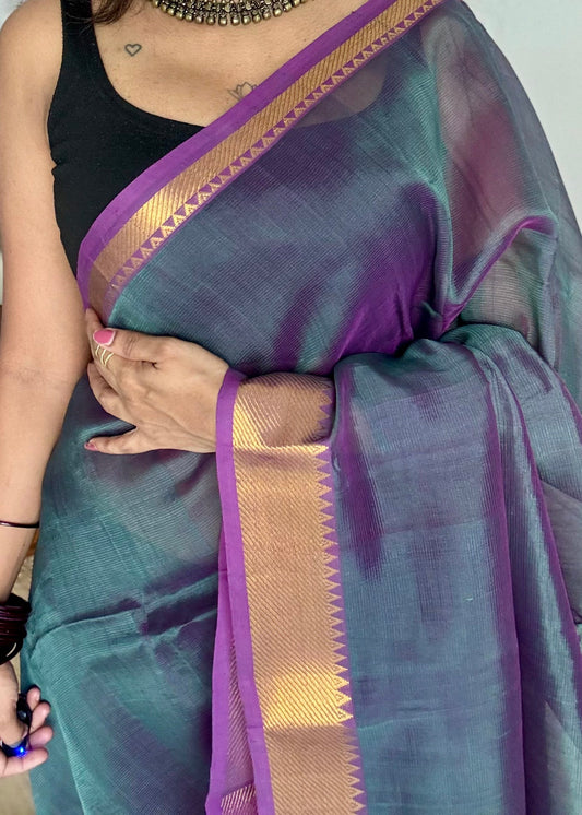 Plain teal purple dual tone with gold zari border, mangalgiri silk cotton, handwoven, soft, light weight - YCWOTDMSAP225