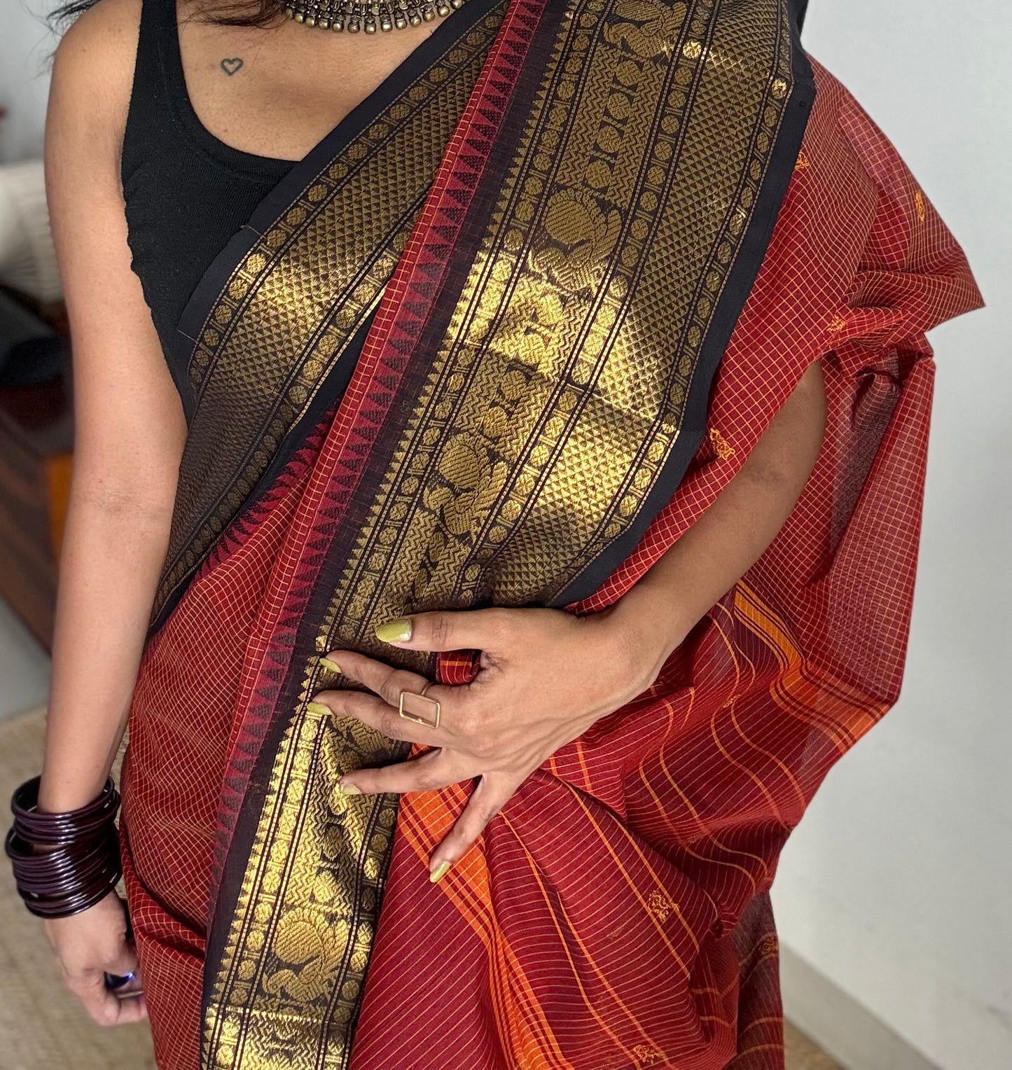 Brick red with black contrast, checkered kanchi cotton saree - YCCOTNJU20