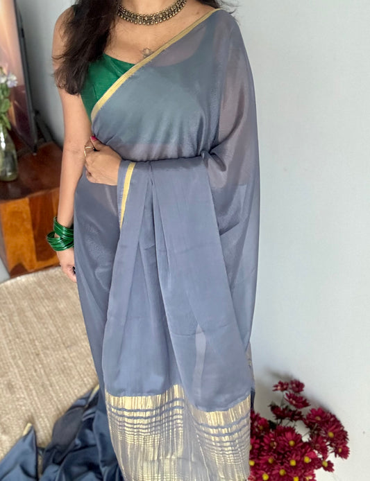 Grey chiffon with thin gold zari border - YCDESE23