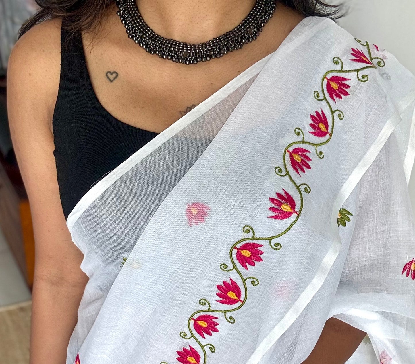 White with lotus embroidery, mul cotton - YCBCJULSC03