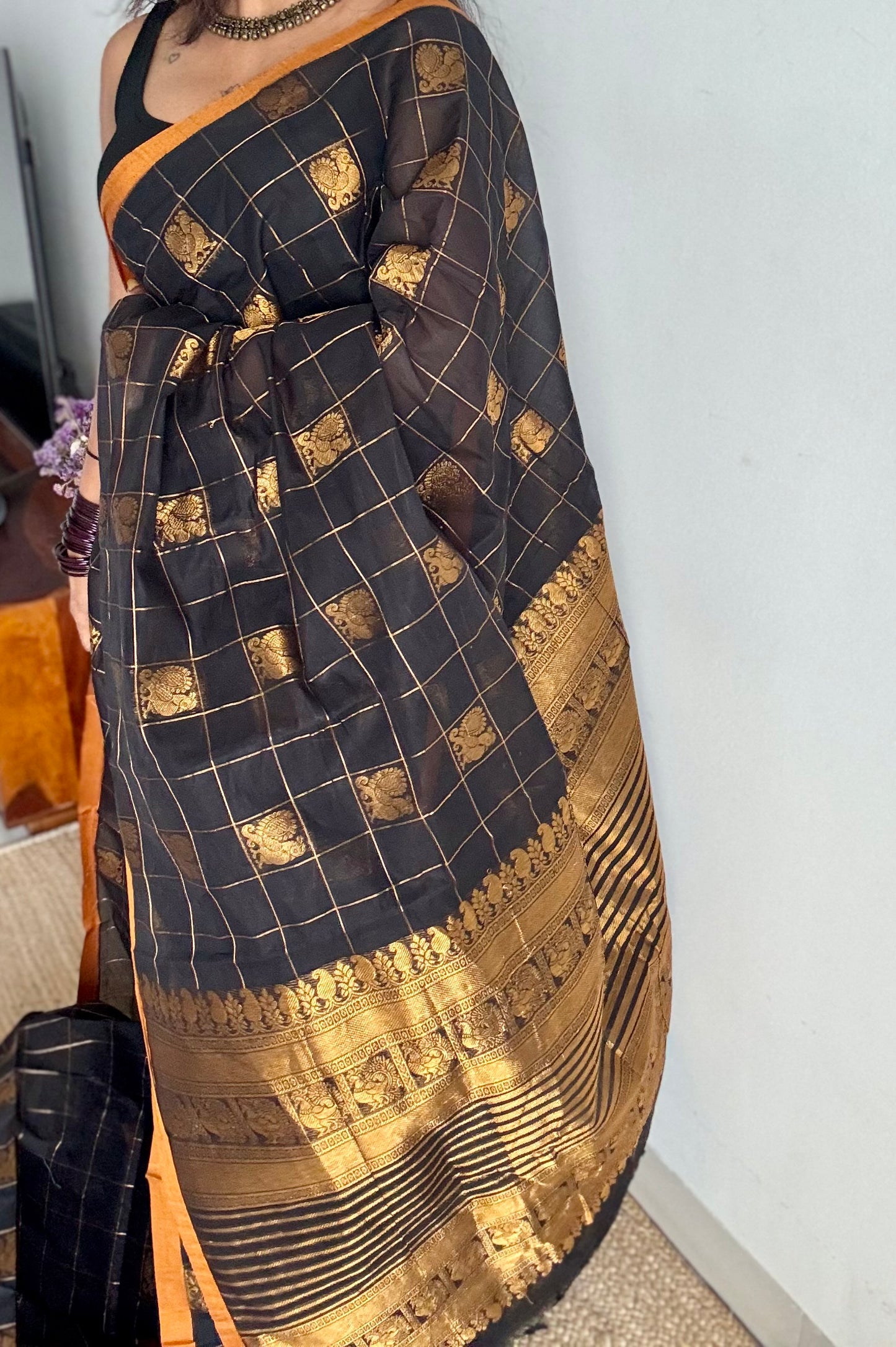 Black dual tone checks with peacock motifs, kanchi cotton saree - YCCOTNKCFE336