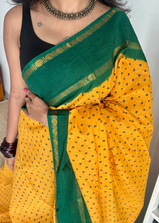 Yellow with green, sungudi motif and rudraksham border, madurai soft cotton - YCCOTNAUSC06