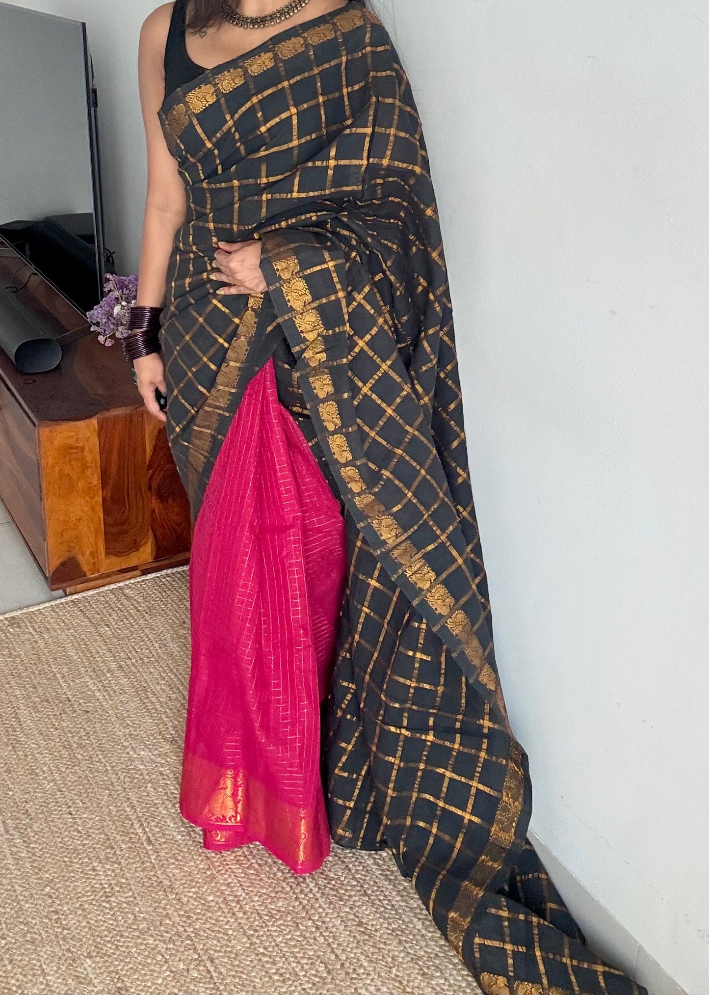 Black with hot pink, sungudi cotton half-half saree - YCCOTNMSFE365
