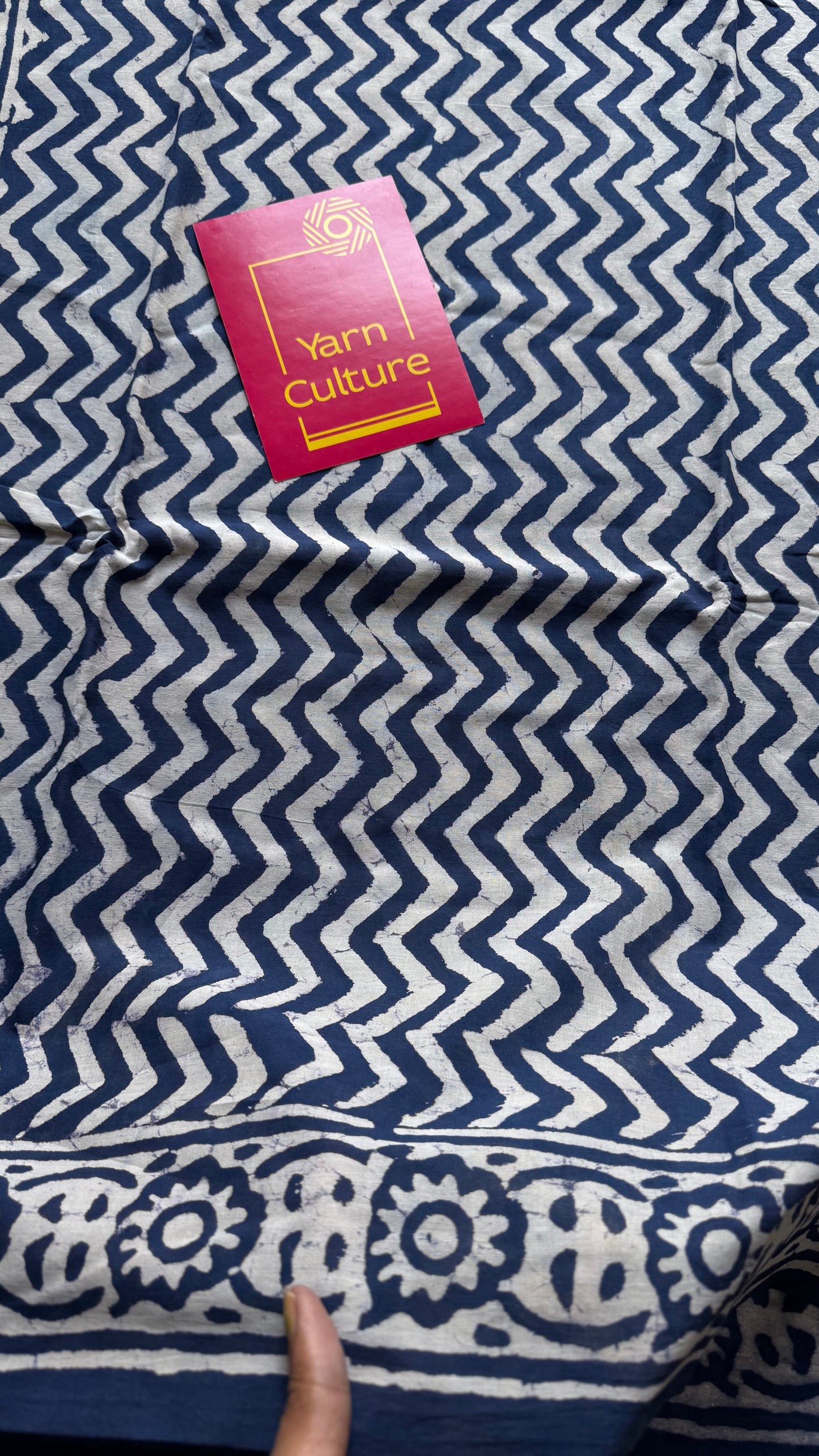 Beige with indigo zig zag motifs, block printed soft cotton saree - YCTORCMA22