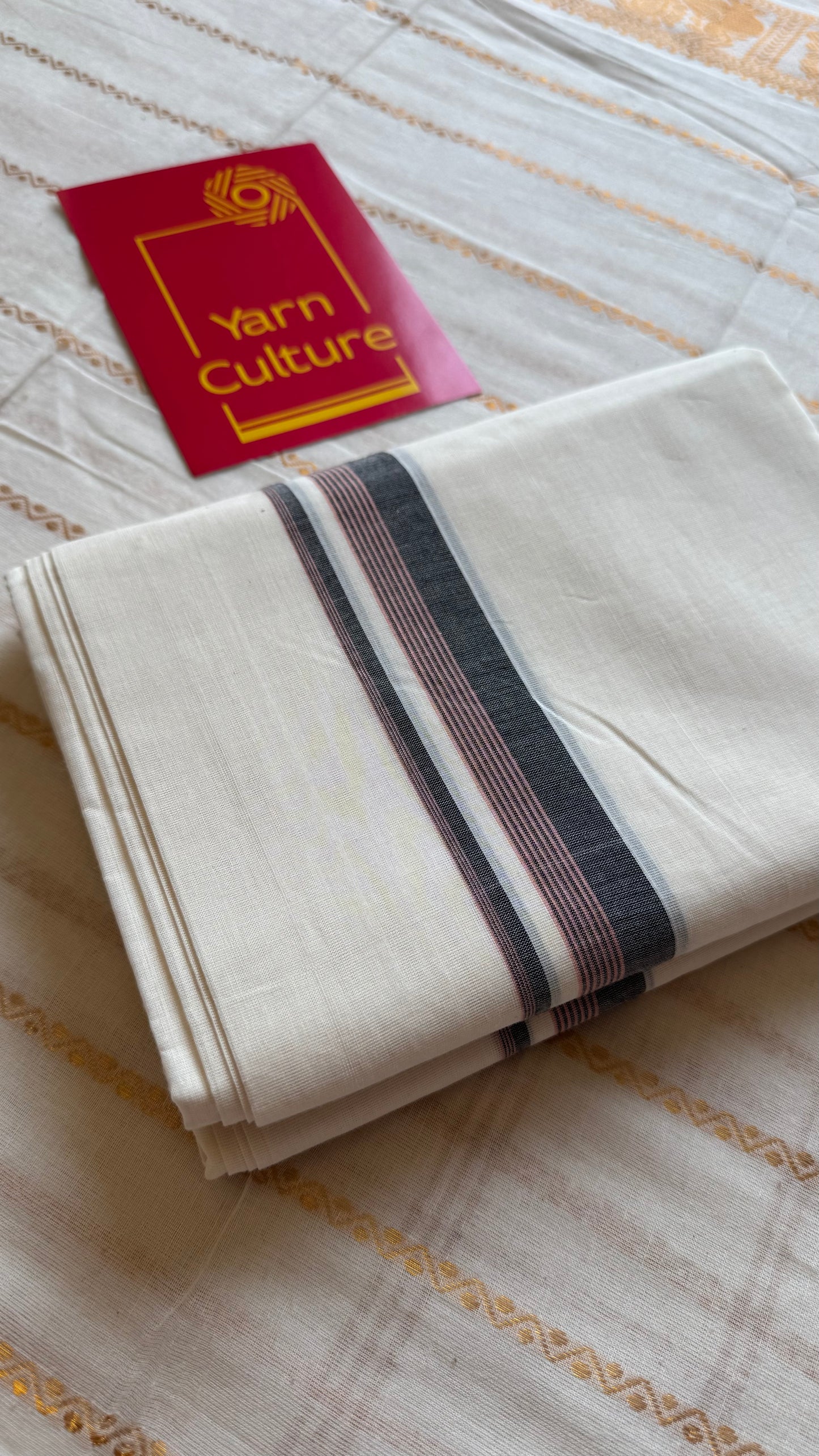 Ivory Chendamangalam Handloom Double Mundu with Black & Pink Striped Kara | Soft Cotton Men's Dhoti - YCMSEIE169