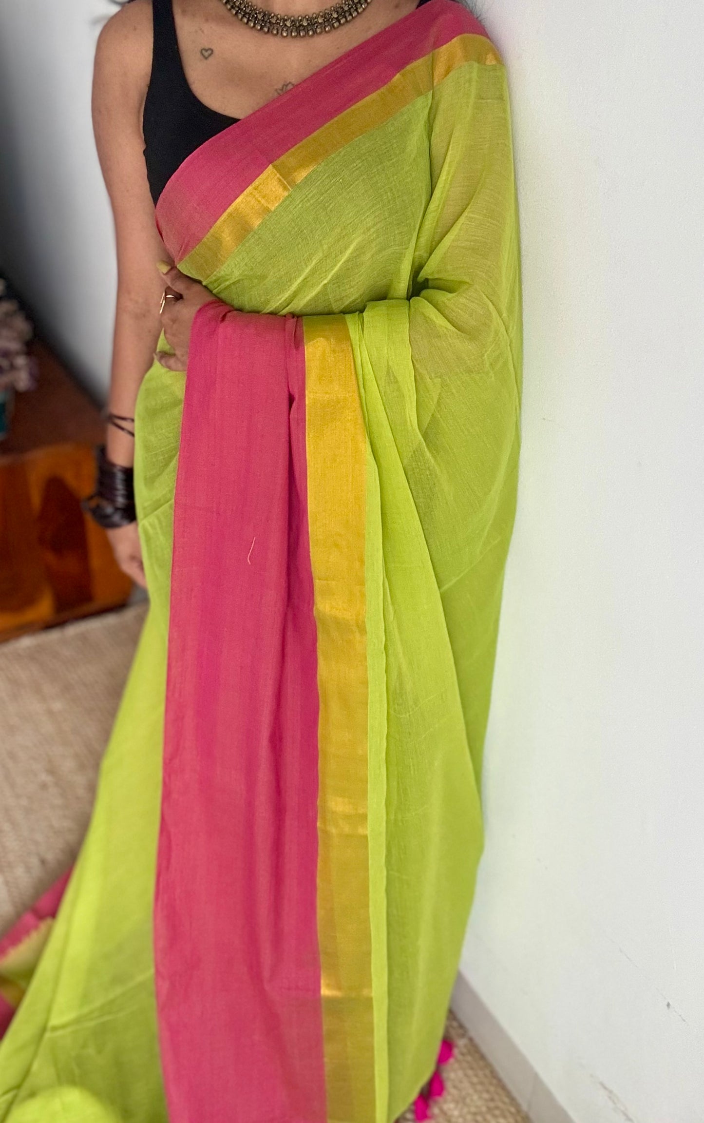 Lime green with contrast dark pink border, gold zari - YCBCMCLSE13