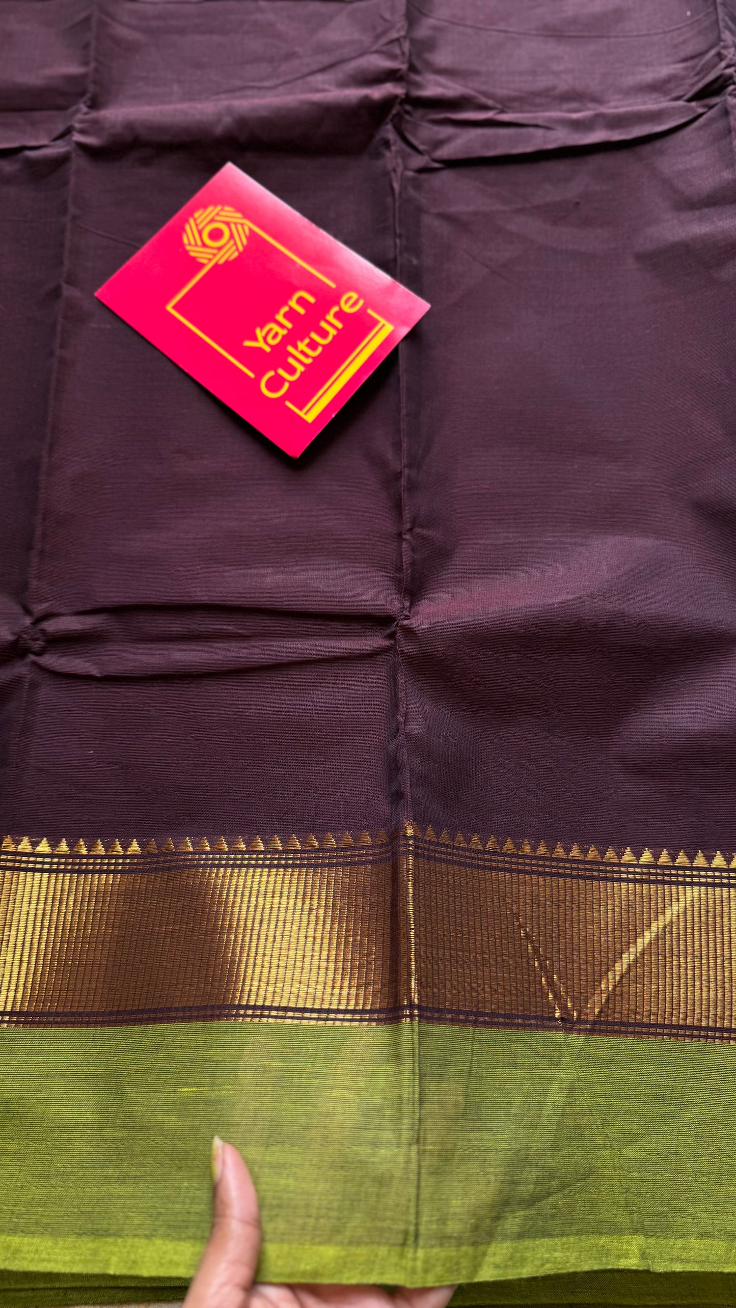 Chettinad cotton saree in brown with green and gold border - YCCOTNJUCC09