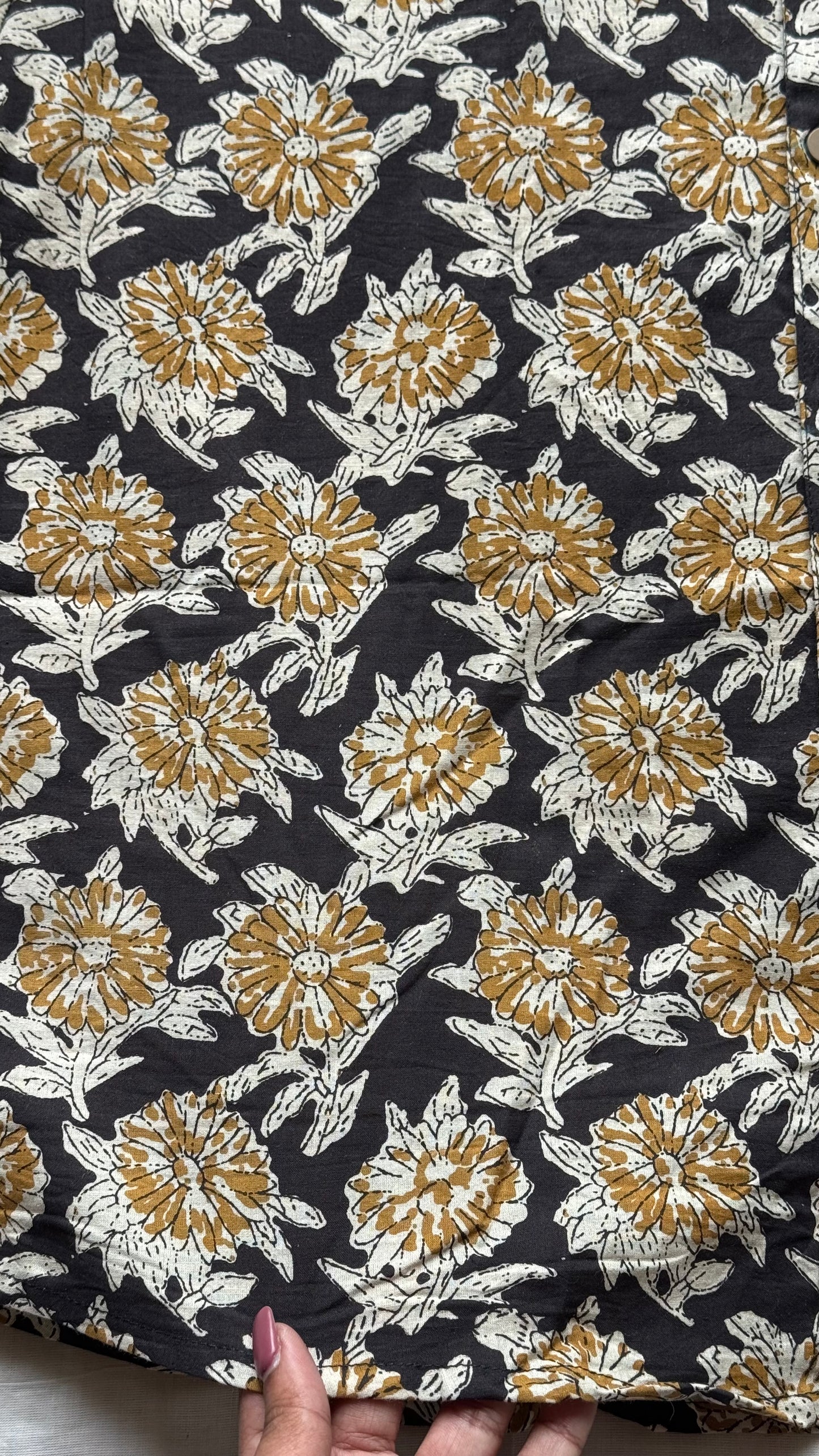 Black & Yellow Floral Block Printed Cotton Men's Mandarin Collar Kurta Shirt - YCMSEIE197