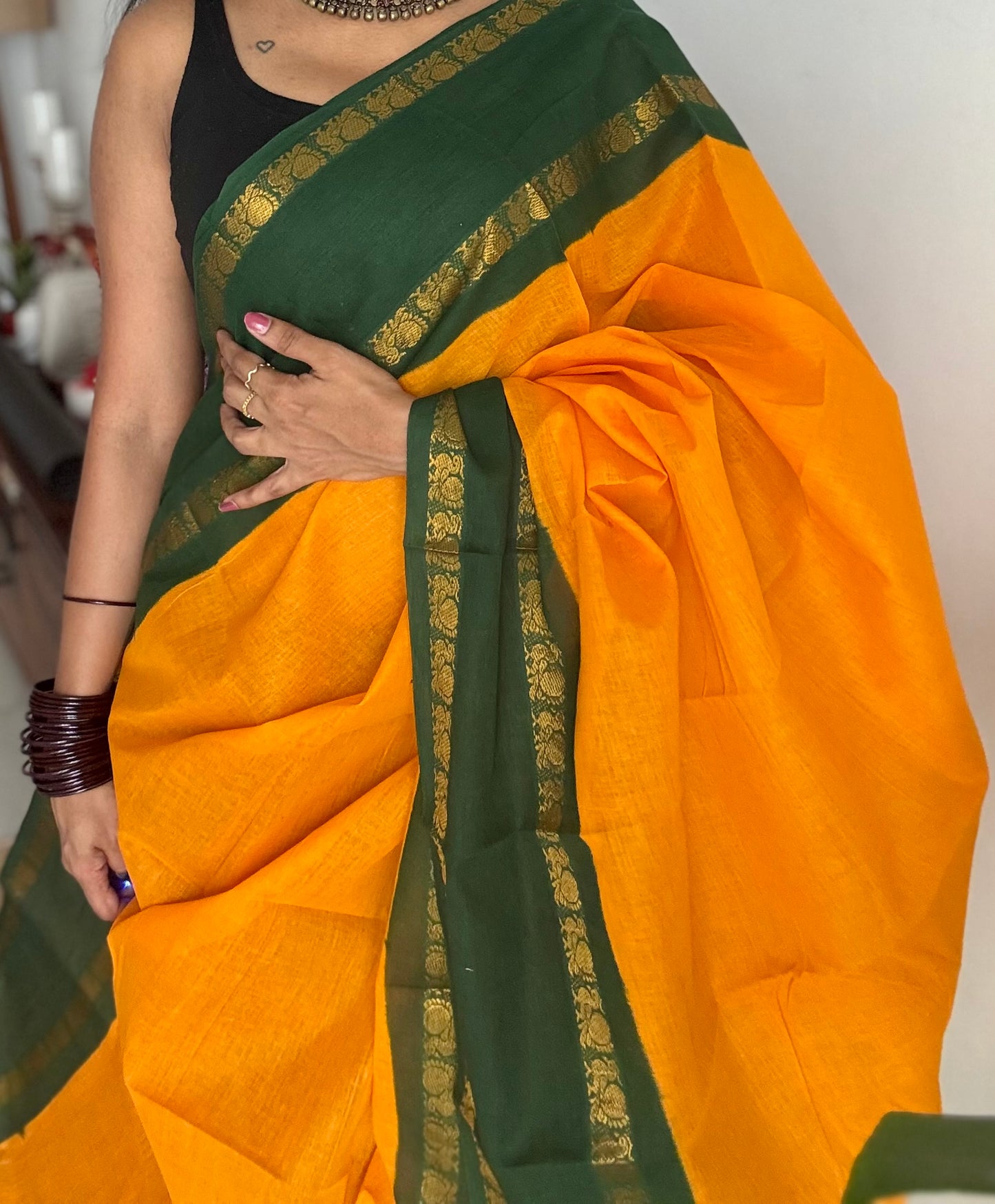 Yellow with green rettaipettu peacock double border, madurai soft cotton - YCCOTNMSAP206