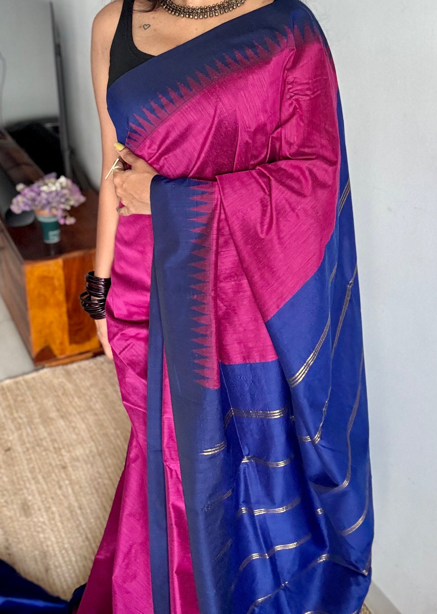 Magenta with blue contrast, temple border saree, cotton silk - YCCOTNTBFE62