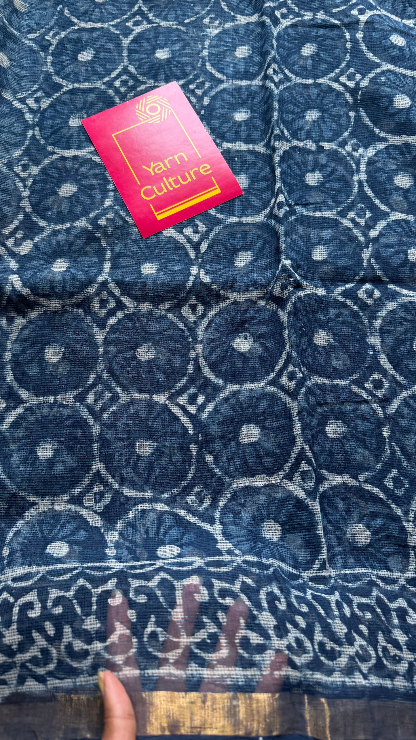 Neel Full Volume - indigo floral kota doria saree, with gold zari border - YCTORKDAP06