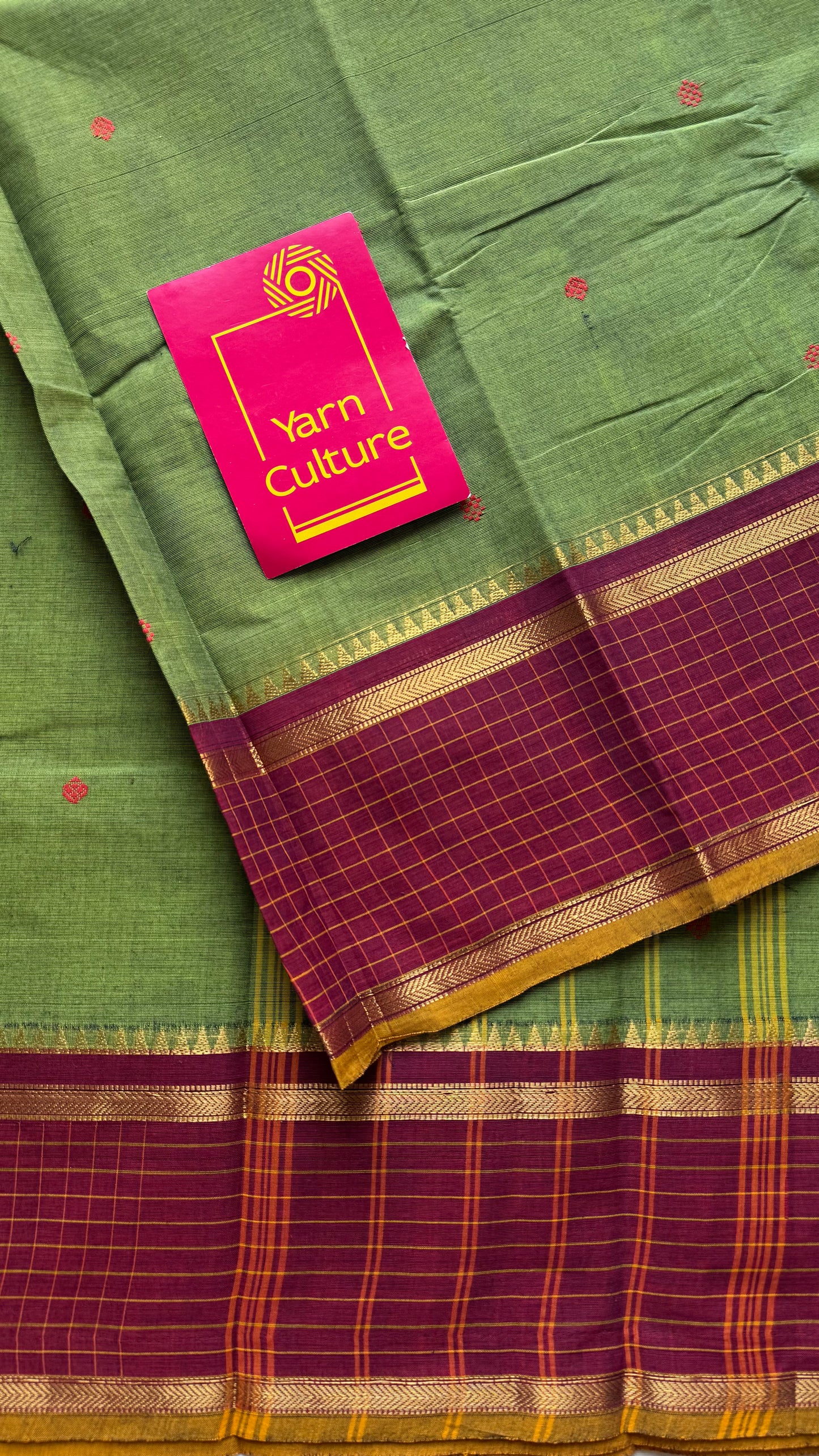 Green and maroon contrast, Chettinad cotton saree with checkered border  - YCCOTNMA271