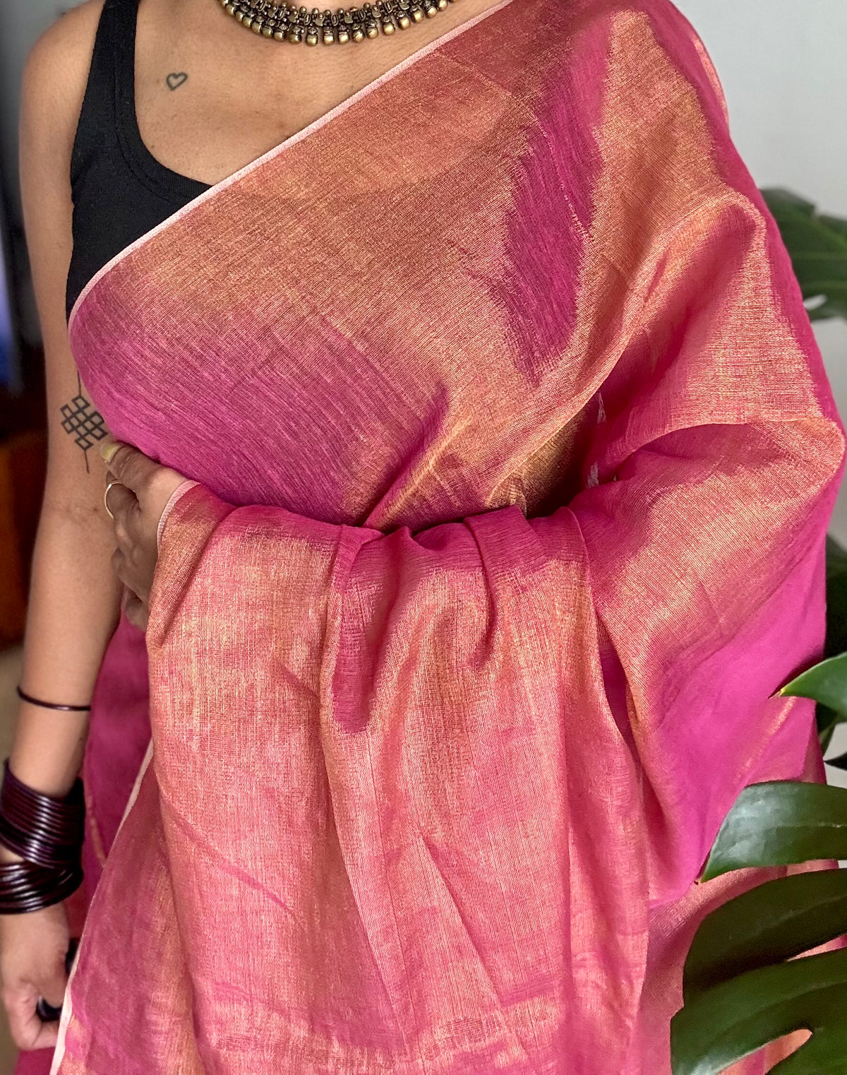 Rani pink with gold, dual tone metallic tissue linen saree - YCBCLTOC55