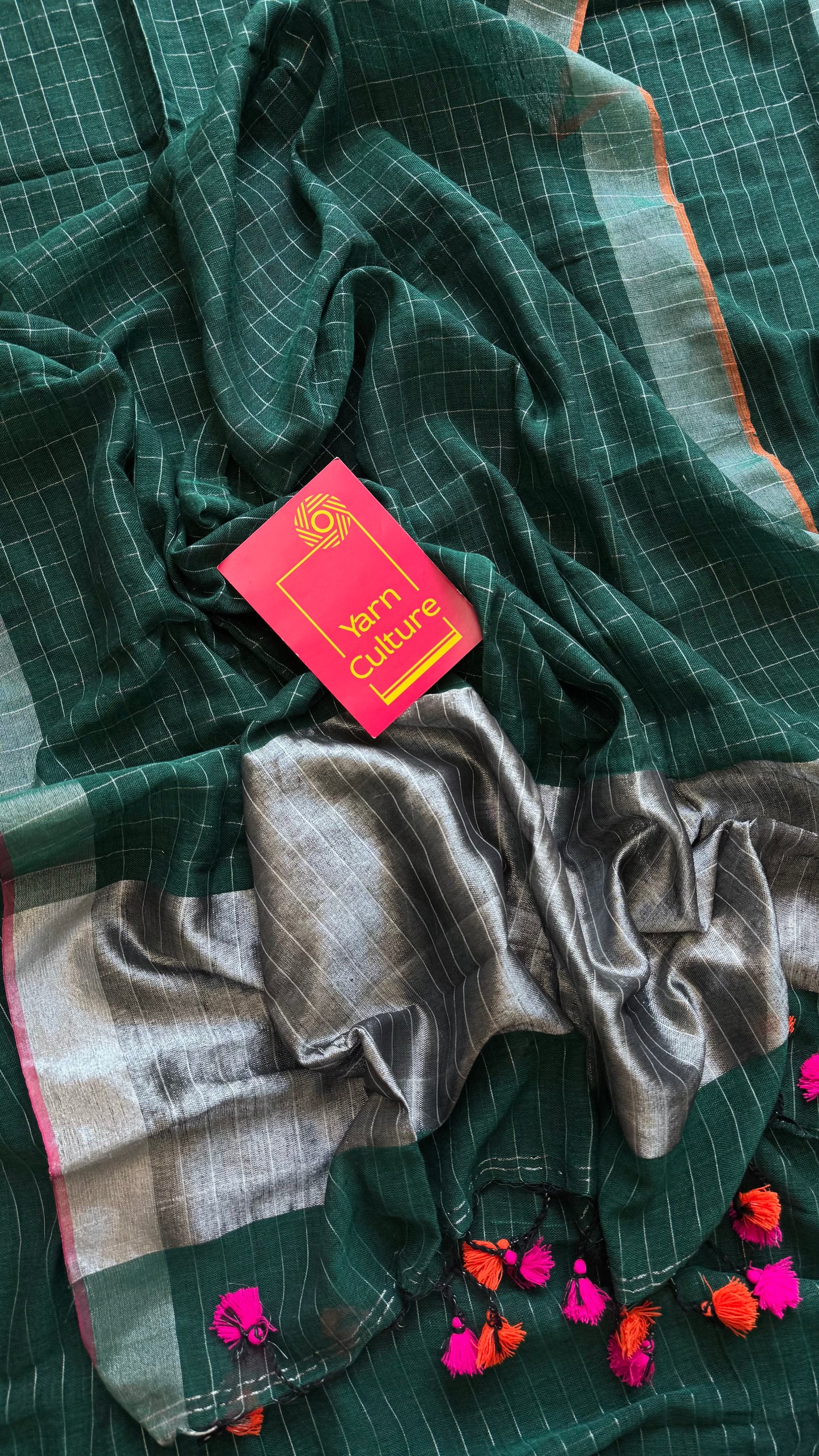 Green linen by cotton saree, silver checks & zari pallu - YCBCLCFE390