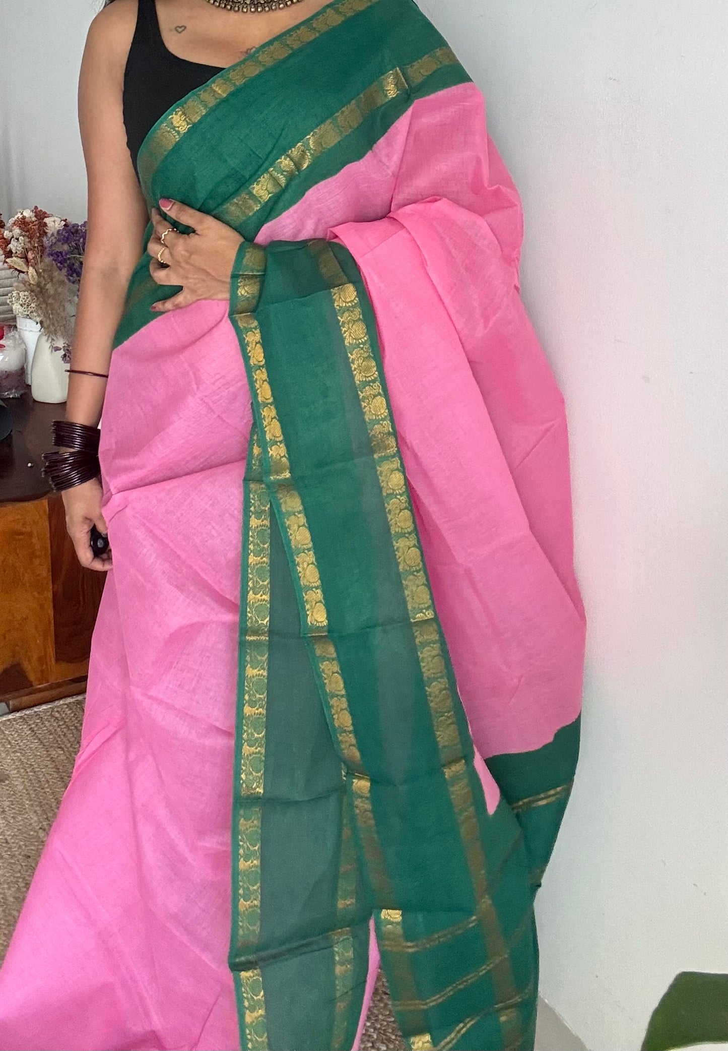 Pink with bluish green rettaipettu peacock double border, madurai soft cotton - YCCOTNMSAP203