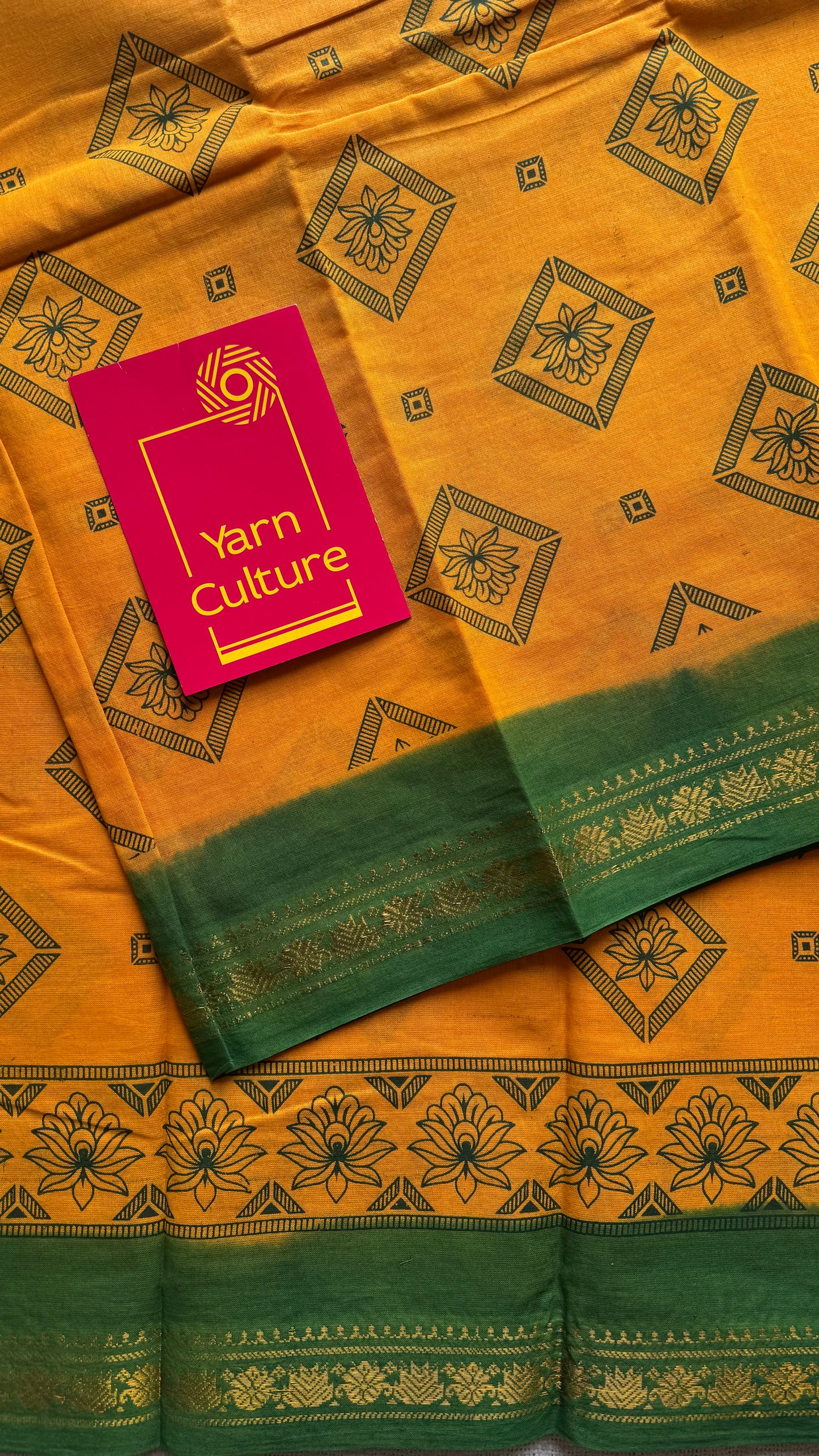 Yellow with green, motif printed, kattuchayam dyed madurai sungudi cotton saree - YCCOTNMSFE72