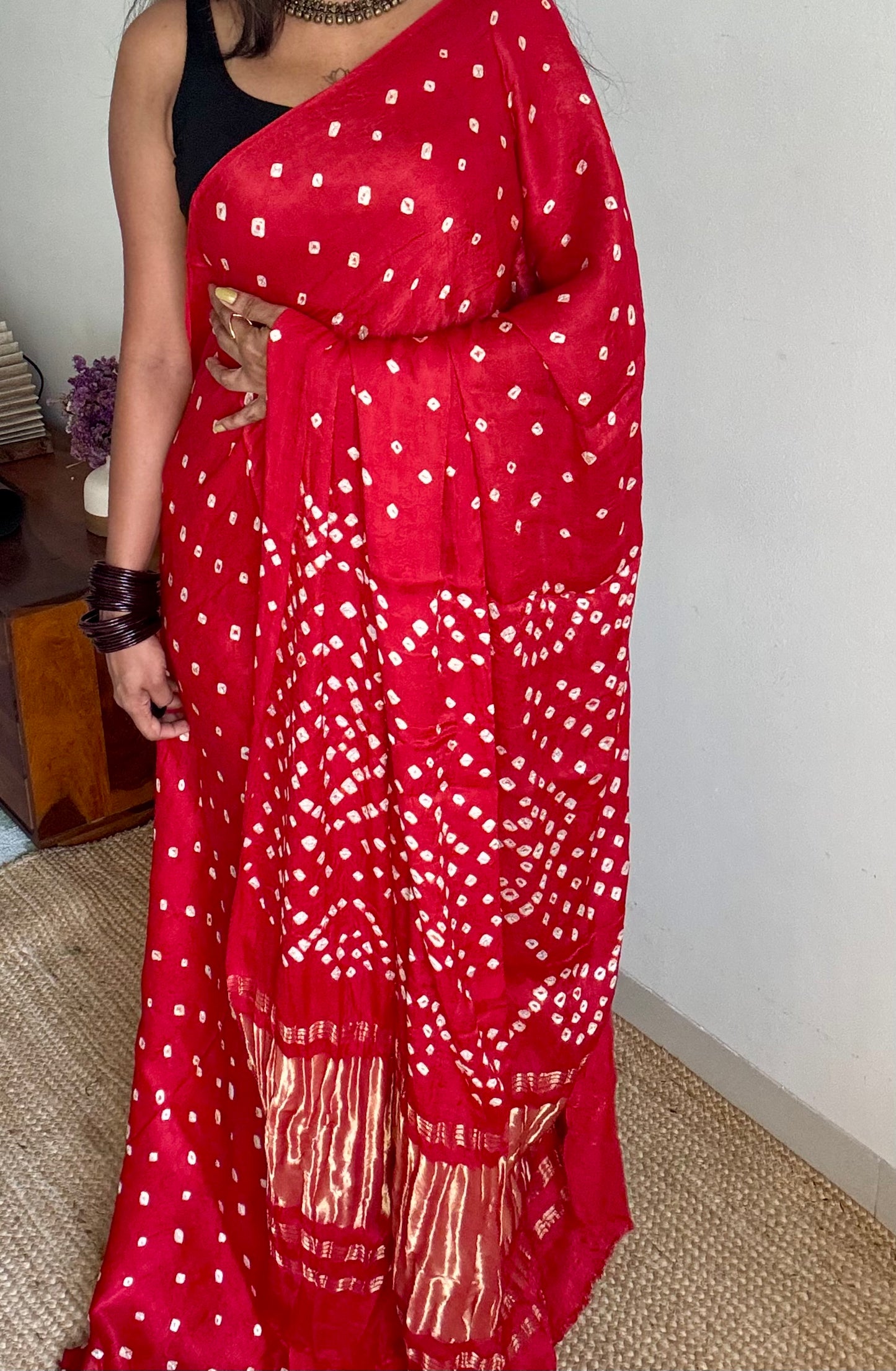 Red, crushed bandhej pure modal silk saree with lagdi patta zari pallu - YCTOKBM335