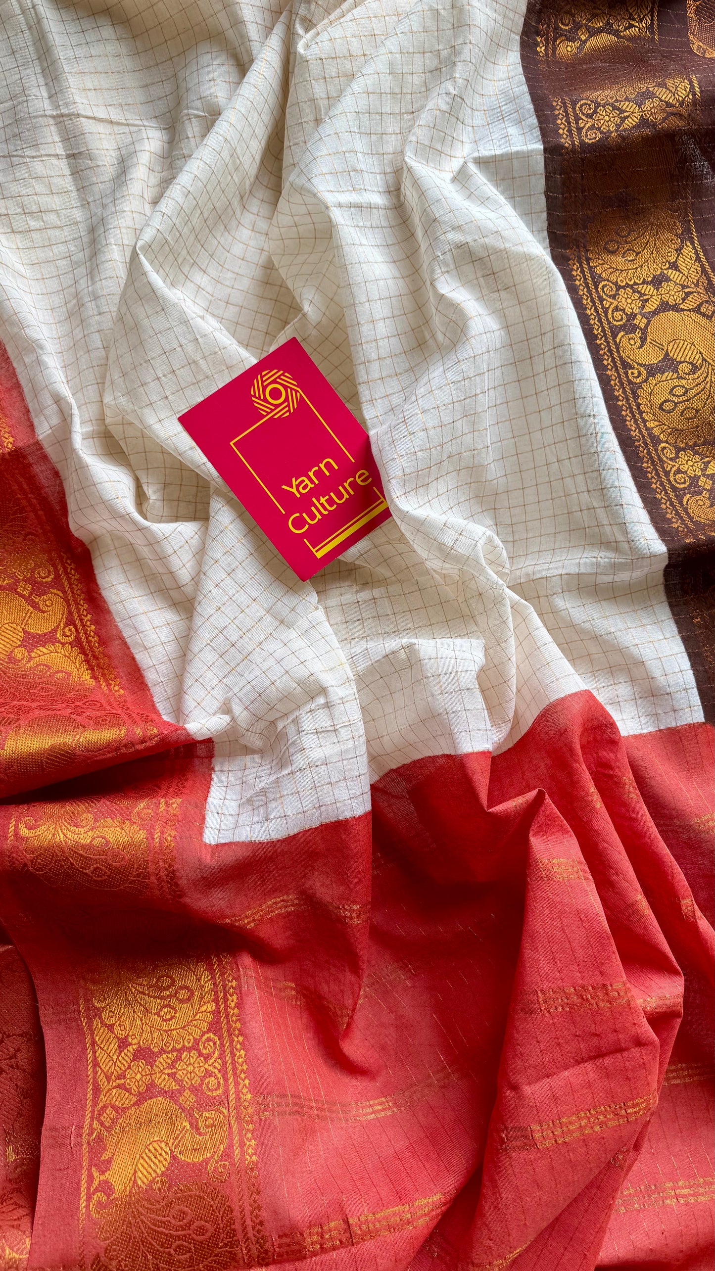 Namita : Kanakambaram - Sungudi checks, ivory gold base, brown and orange dual tone border, soft cotton - YCIEON160