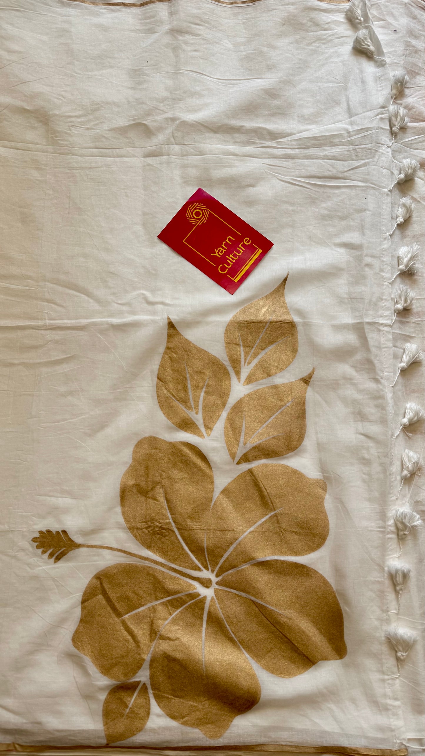 Ivory mul saree, statement floral painted pallu - YCIEON35