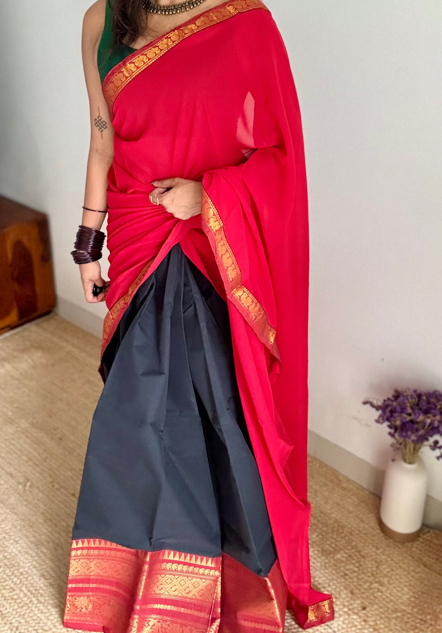 Black - Red unstitched half saree material (dhavani), kanchi cotton - YCIEHS212