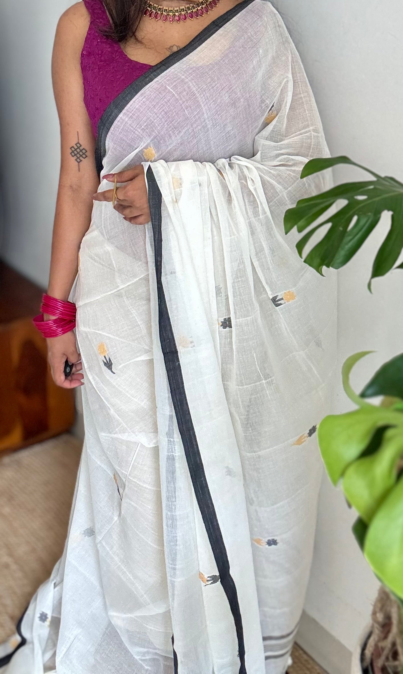 Ivory soft cotton saree, jamdani floral work - YCIEON31