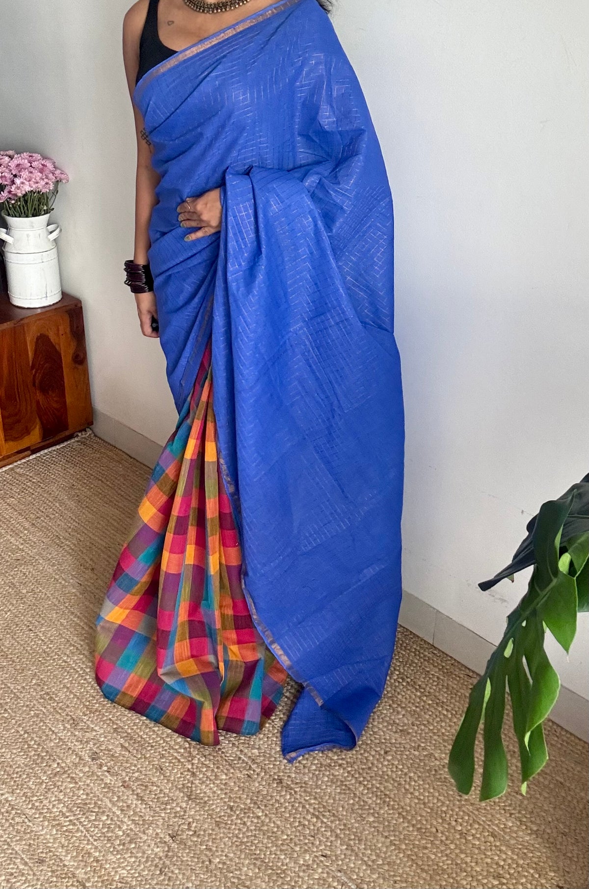 Blue with multicoloured madras checks, cotton half and half saree - YCCOTNIDOC160