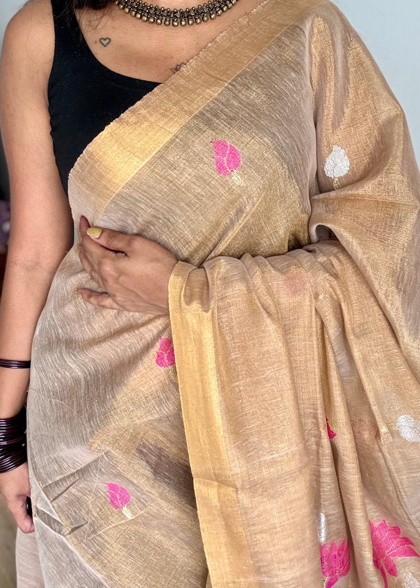 Handwoven ivory gold dual tone tissue linen saree with lotus motifs - YCBCLTFE400