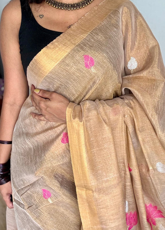 Handwoven ivory gold dual tone tissue linen saree with lotus motifs - YCBCLTFE400