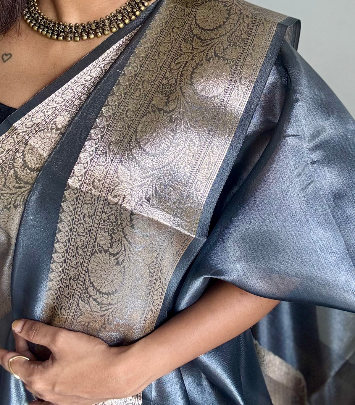 Grey tissue Banarasi saree with zari border - YCBLTOC91
