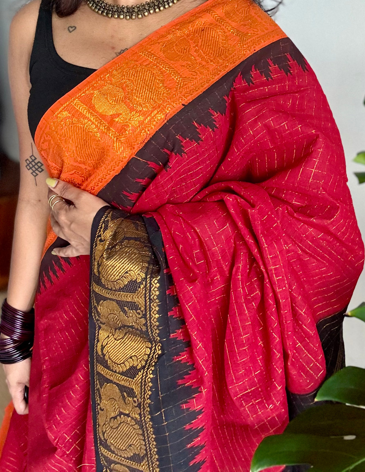 Sungudi cotton checks, red base, orange and black dual tone border, soft cotton - YCCOTNMSSE11