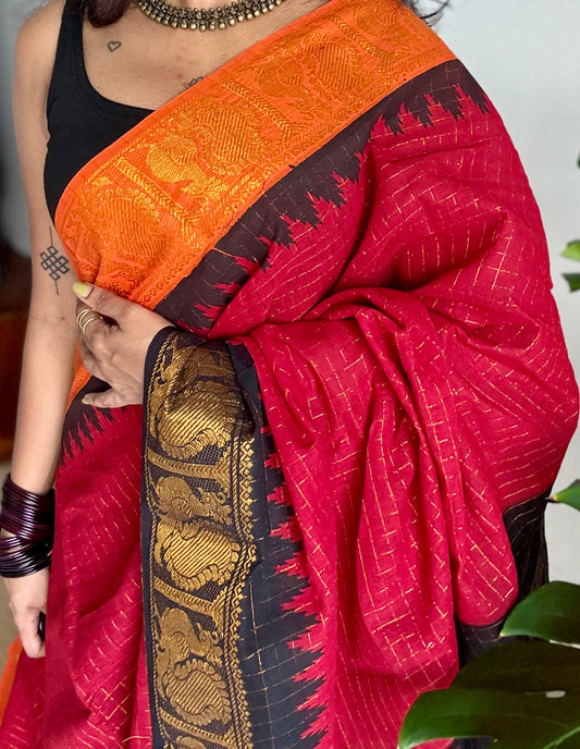 Sungudi cotton checks, red base, orange and black dual tone border, soft cotton - YCCOTNMSSE11