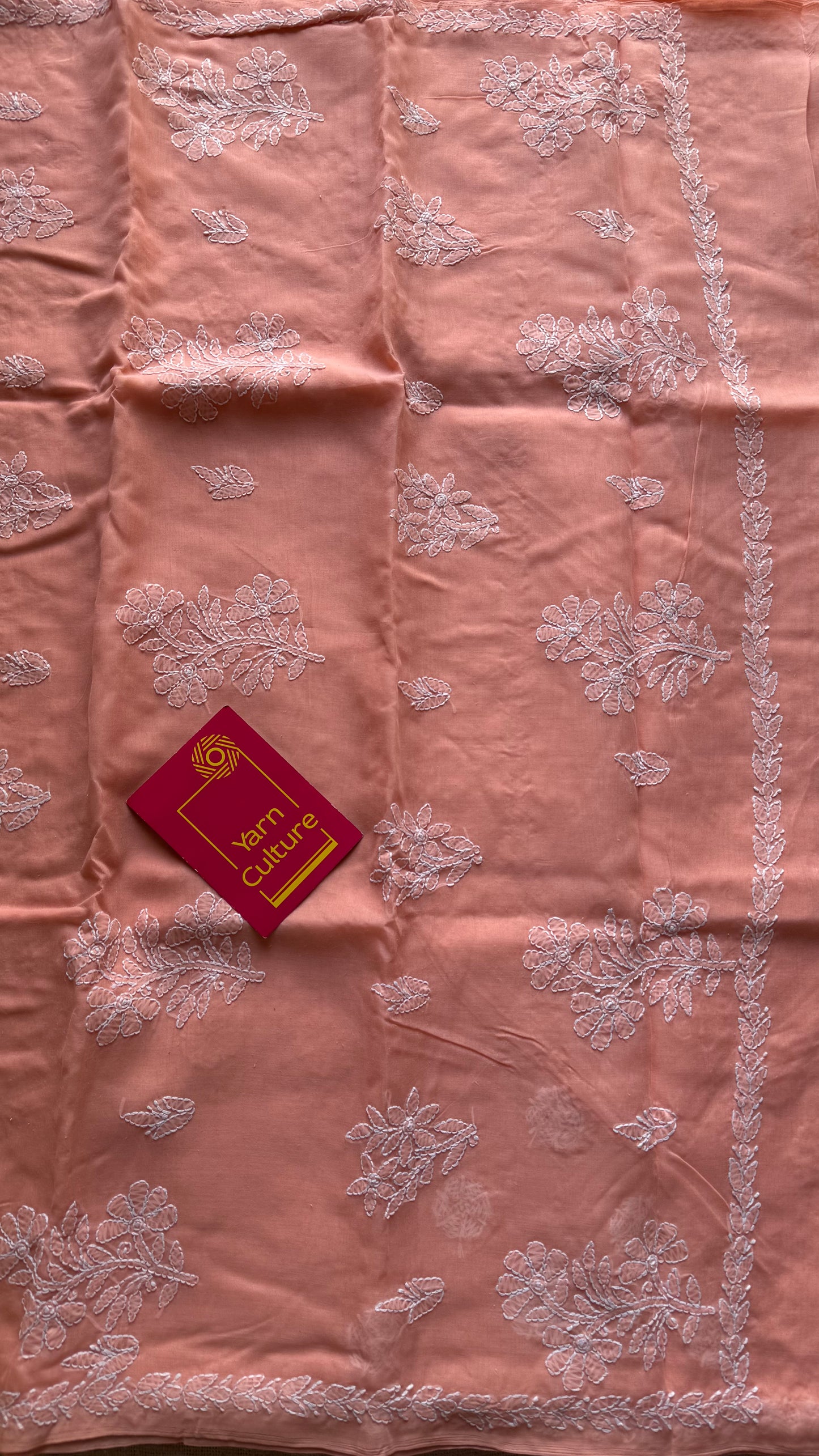 Sukun - musk, light peach hand-embroidered chikankari cotton saree - YCLCKFE425