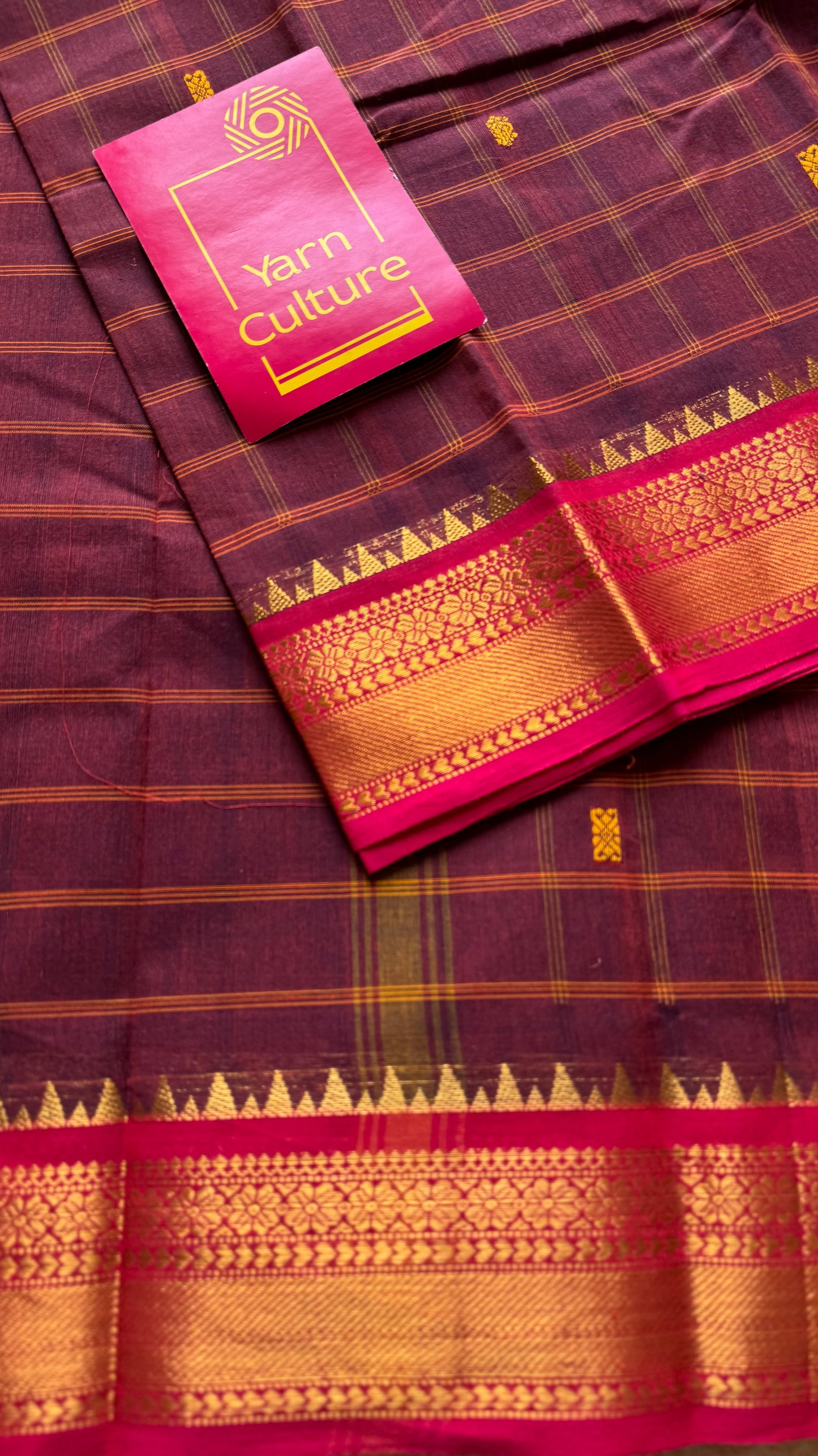 Maroon and fuchsia pink contrast, checkered Chettinad cotton saree - YCCOTNMA266
