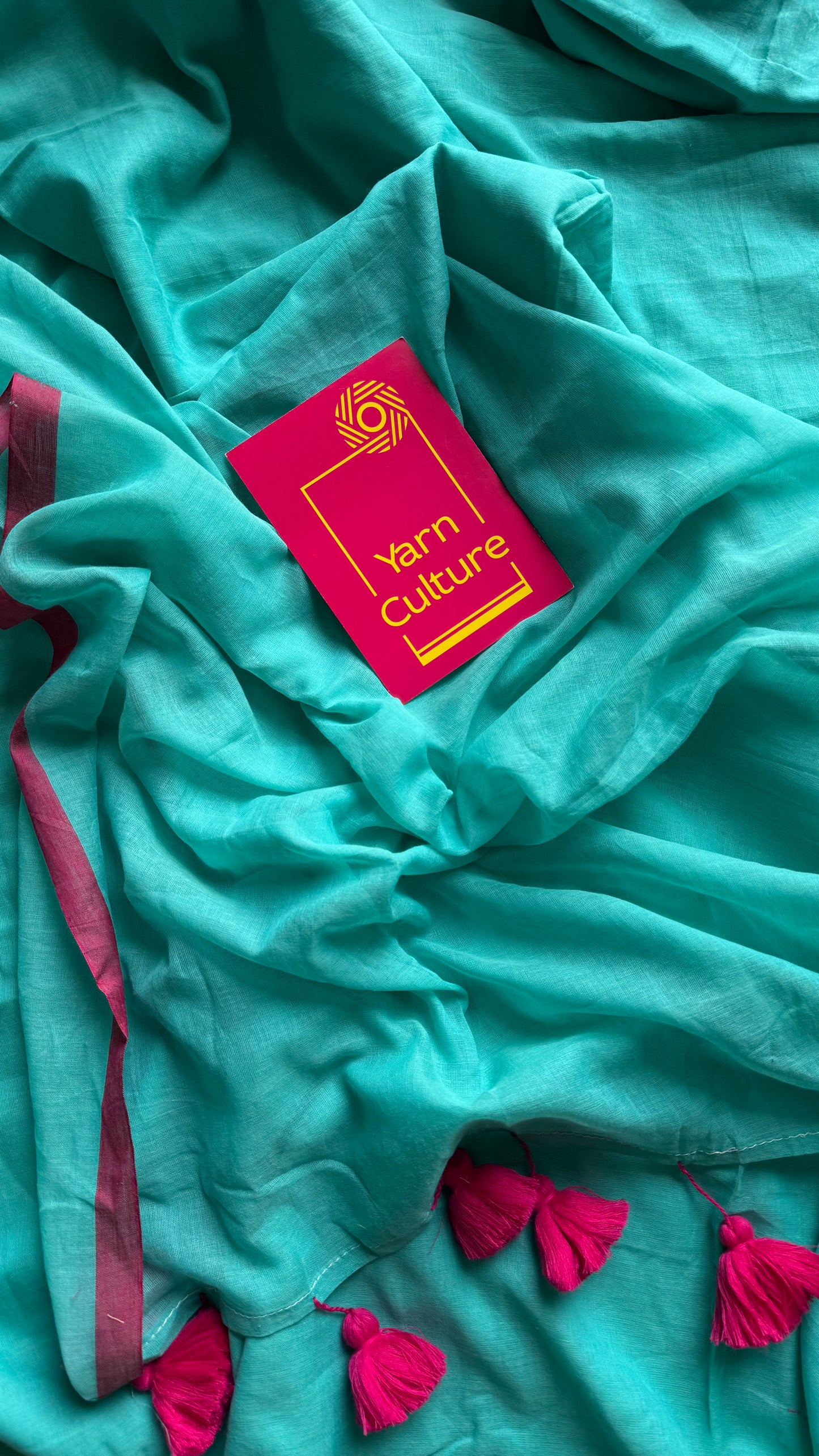 Turquoise with dark pink border mul cotton saree - YCBCMCFE223