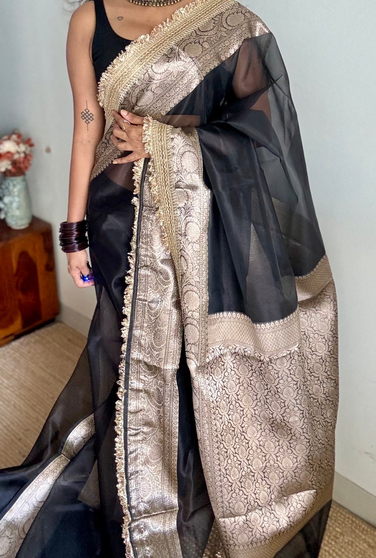 Black tissue Banarasi saree with embellished gold lace border - YCBLTOC81