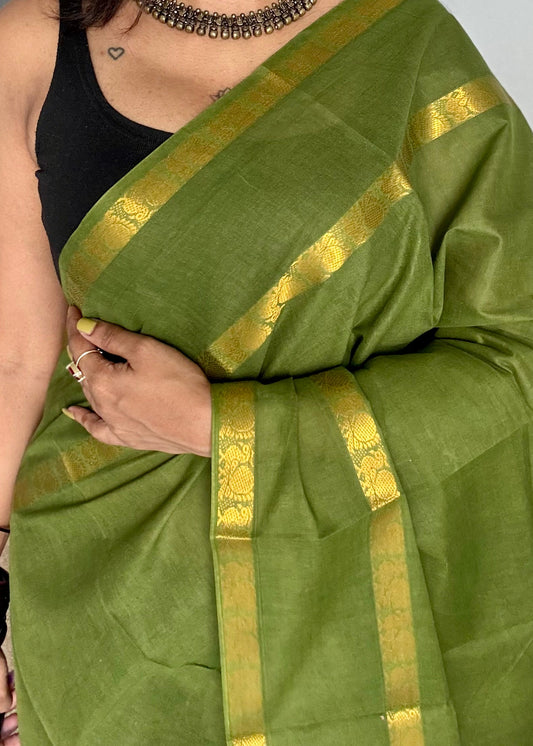 Olive green rettaipettu peacock double bordered, kattuchayam dyed madurai cotton saree - YCCOTNMSFE251