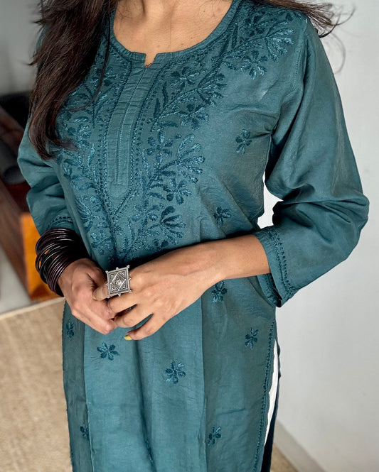 Teal chanderi chikankari with ghas patti work, straight kurta, round neck, three fourth sleeves - YCSECK01