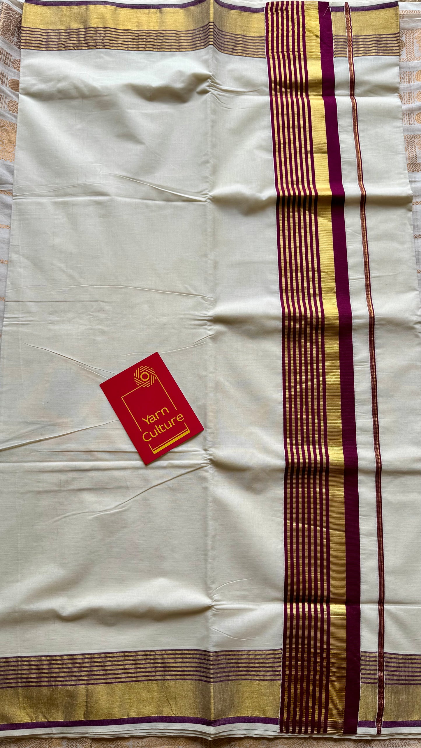 Ivory and gold soft cotton saree, purple border - YCIEON76