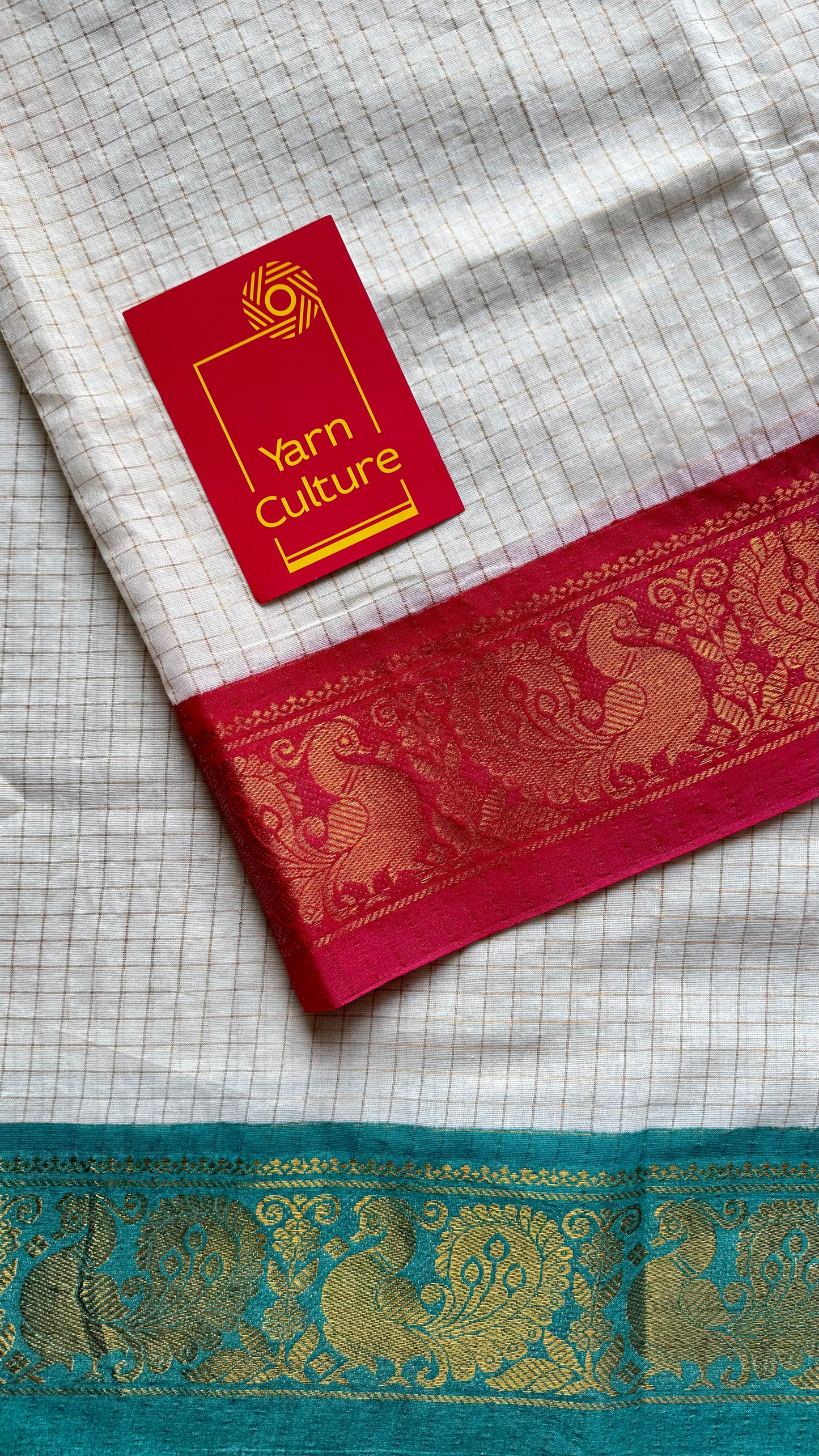 Karthika : Shalabham - Sungudi checks, ivory gold base, red and turquoise blue dual tone border, soft cotton - YCIEON163