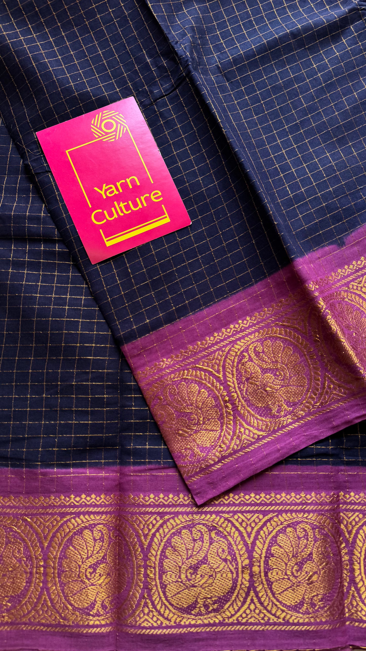 Dark blue with mauve pink contrast zari checkered sungudi, kattuchayam dyed madurai cotton - YCCOTNMSAP93