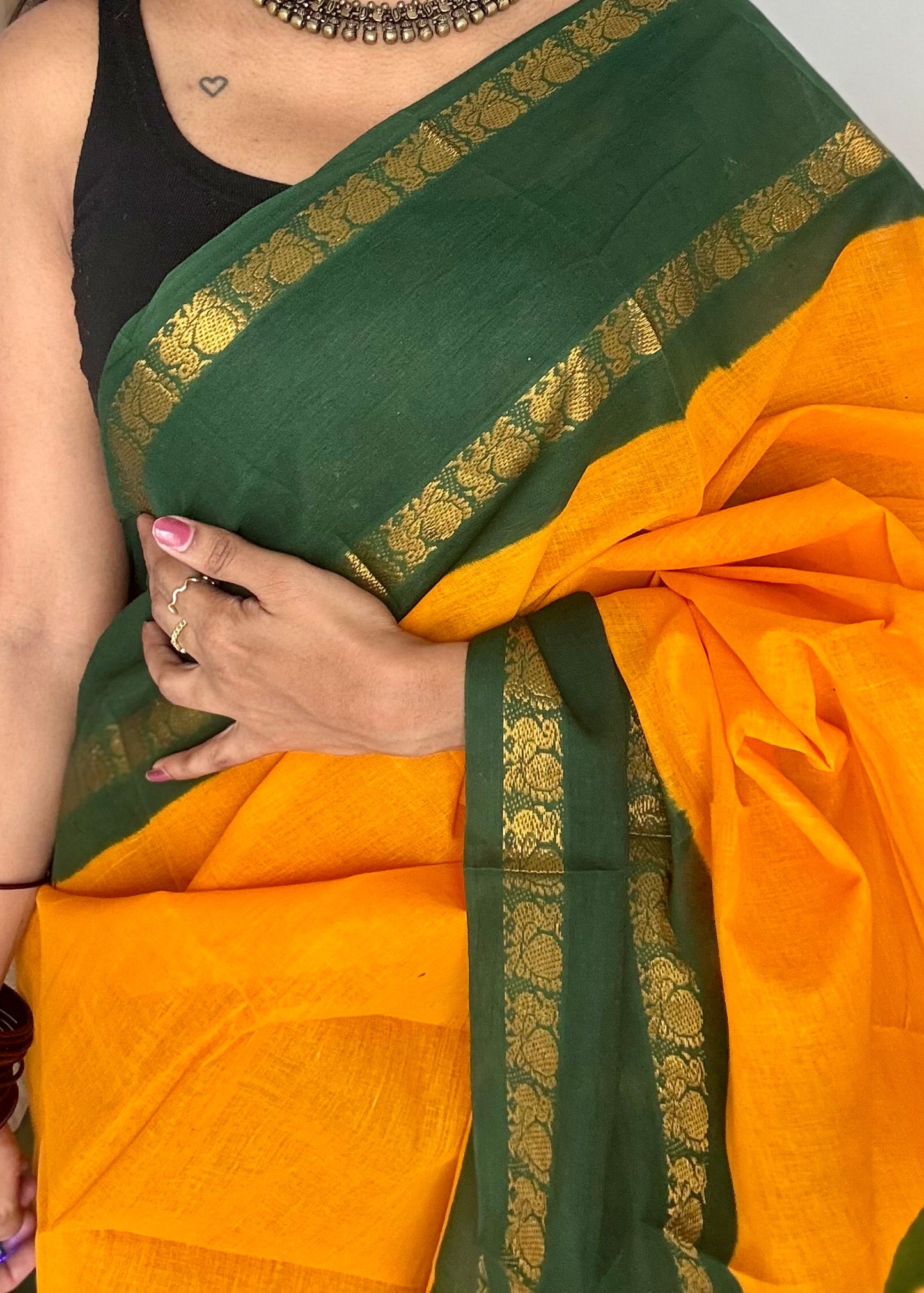 Yellow with green rettaipettu peacock double border, madurai soft cotton - YCCOTNMSAP206