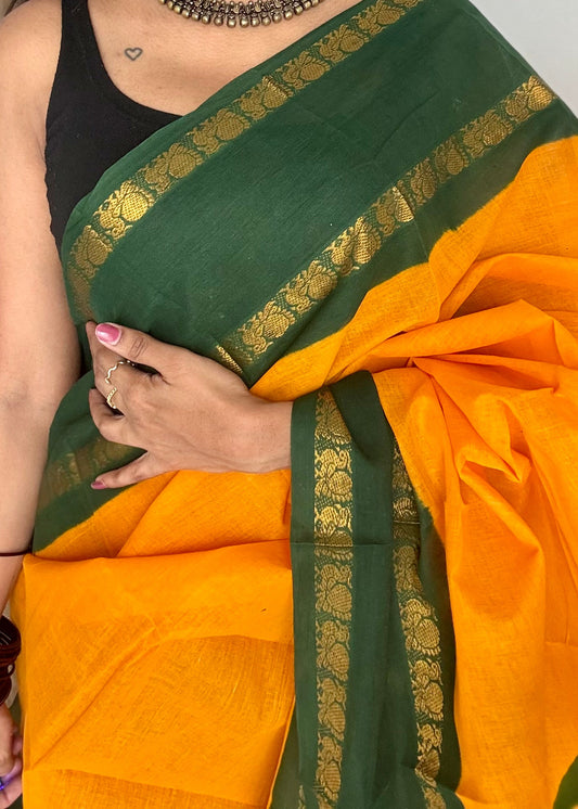 Yellow with green rettaipettu peacock double border, madurai soft cotton - YCCOTNMSAP206