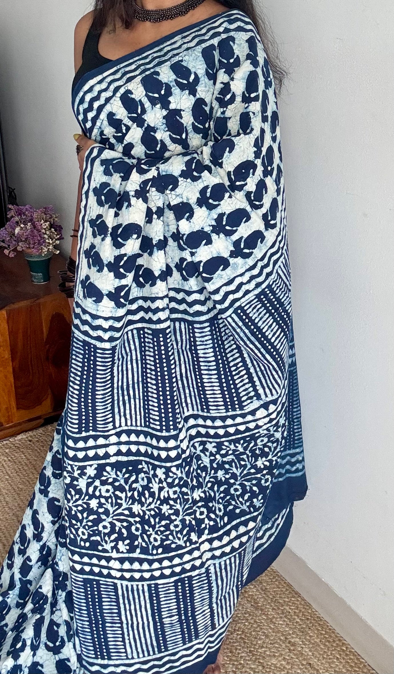 Beige with indigo paisley motifs, block printed soft cotton saree - YCTORCMA10