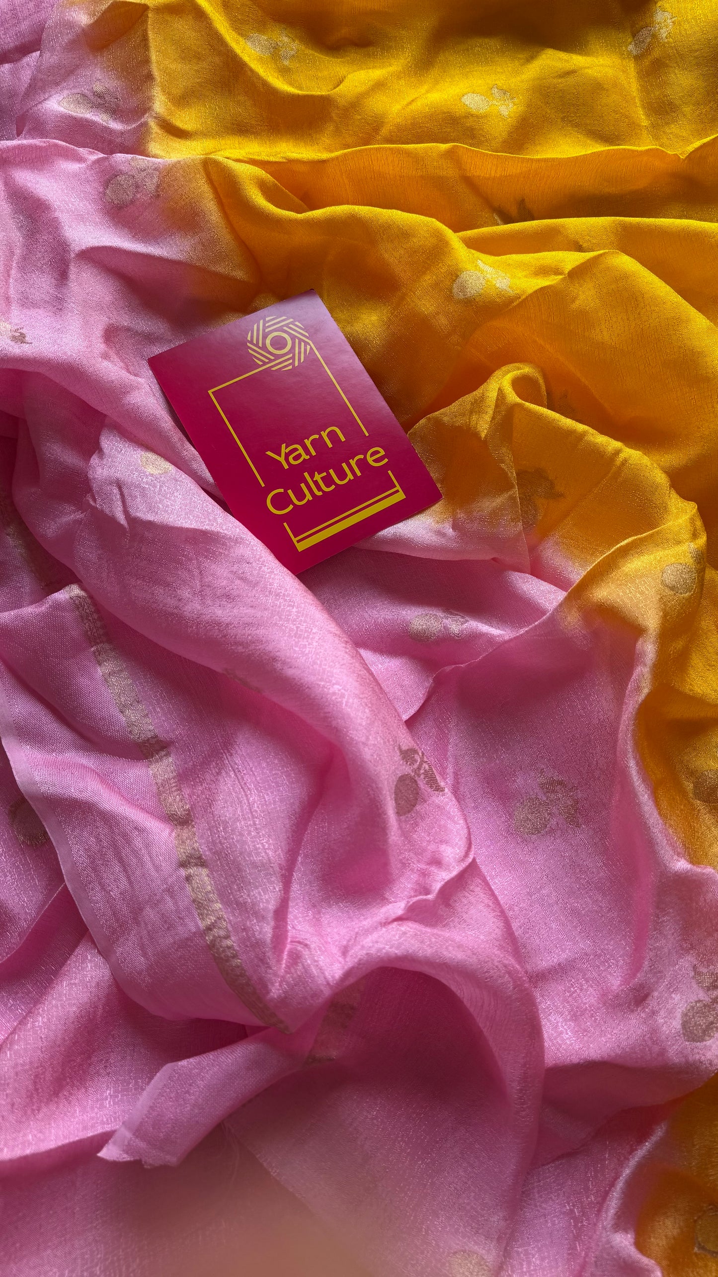 Pink yellow dual tone in viscose soft silk with satin border, jacquard zari motifs - YCDOSFE196