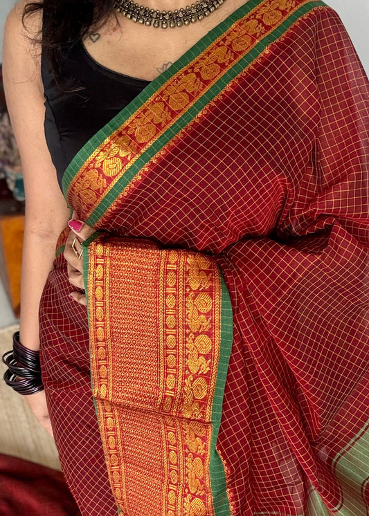 Maroon checks with zari border, premium narayanpet, soft cotton - YCWOTDOCNP06