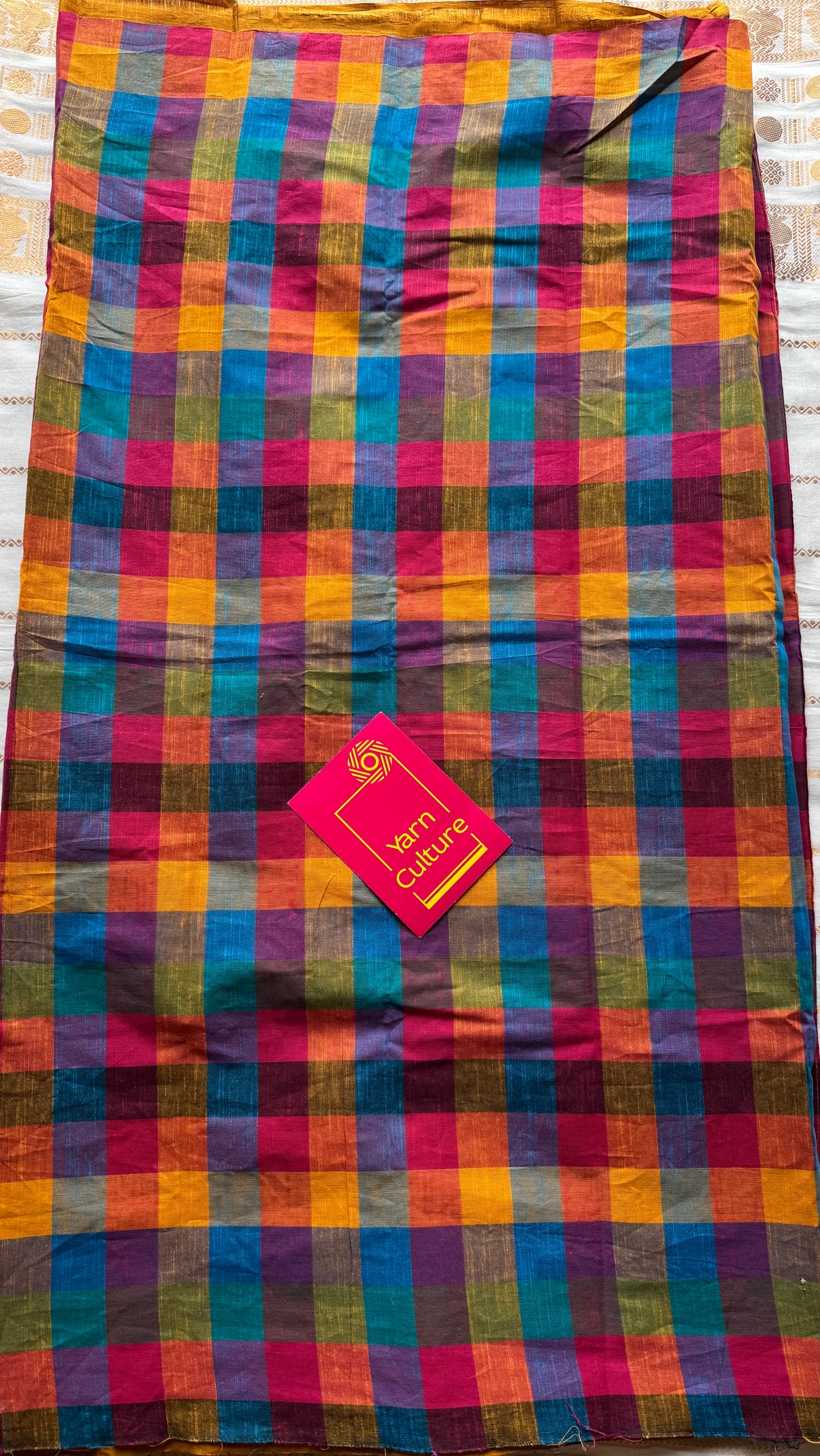 Turmeric yellow mini checks with multicoloured madras checks, cotton half and half saree - YCCOTNIDOC164